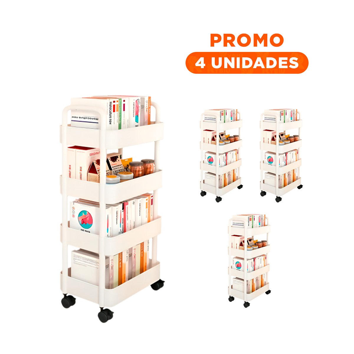 PACK4 RACK MOVIL BLANCO DE PLASTICO CON CUATRO NIVELES RUEDAS Y ASAS HOGAR - 1