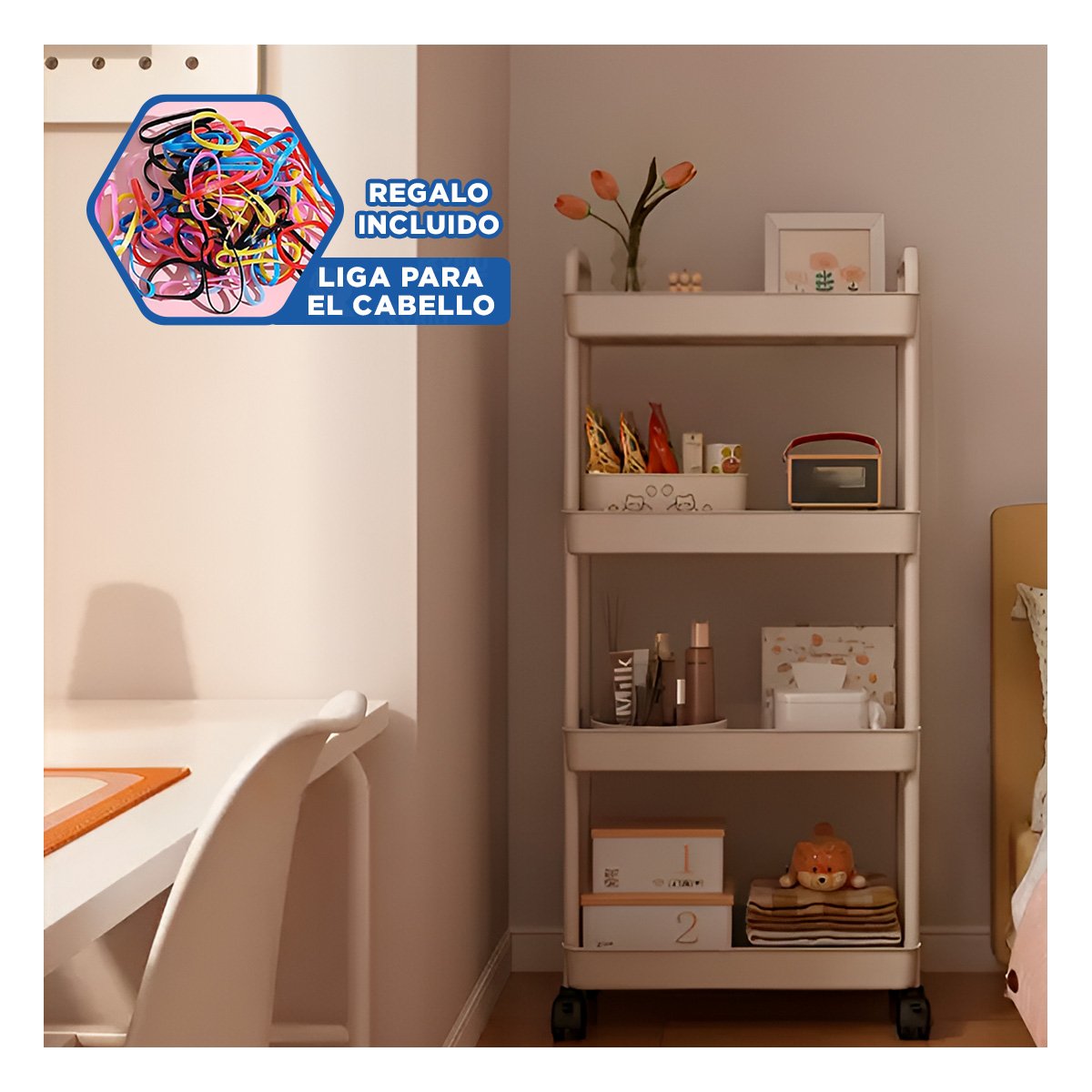 CARRITO MOVIL BLANCO DE PLASTICO CON CUATRO NIVELES RUEDAS Y ASAS PARA CASA Y+LIGAS REGALO - 2