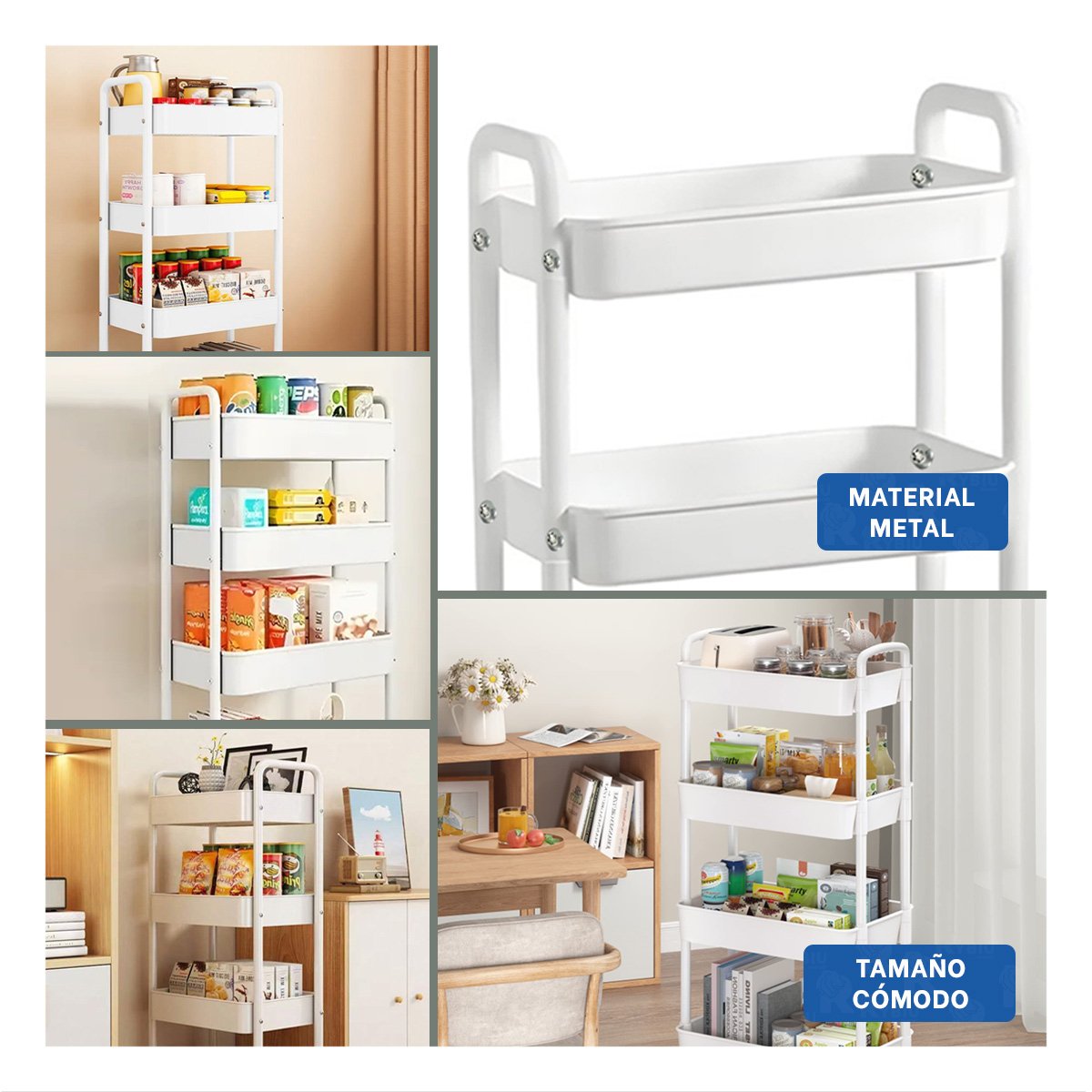 ORGANIZADOR CARRITO BLANCO DE METAL CON 4 NIVELES Y RUEDAS PARA HOGAR Y+POST IT - 2