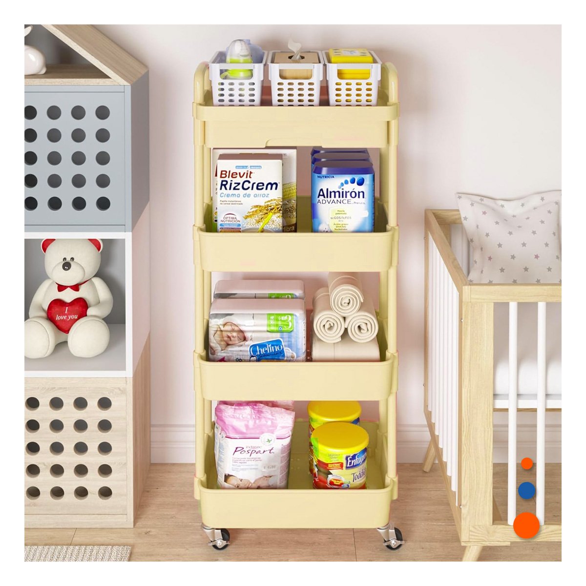PACK4 ORGANIZADOR CARRITO 4 NIVELES CON RUEDAS Y ASAS METAL AMARILLO CLARO Y+PAPEL REGALO - 2