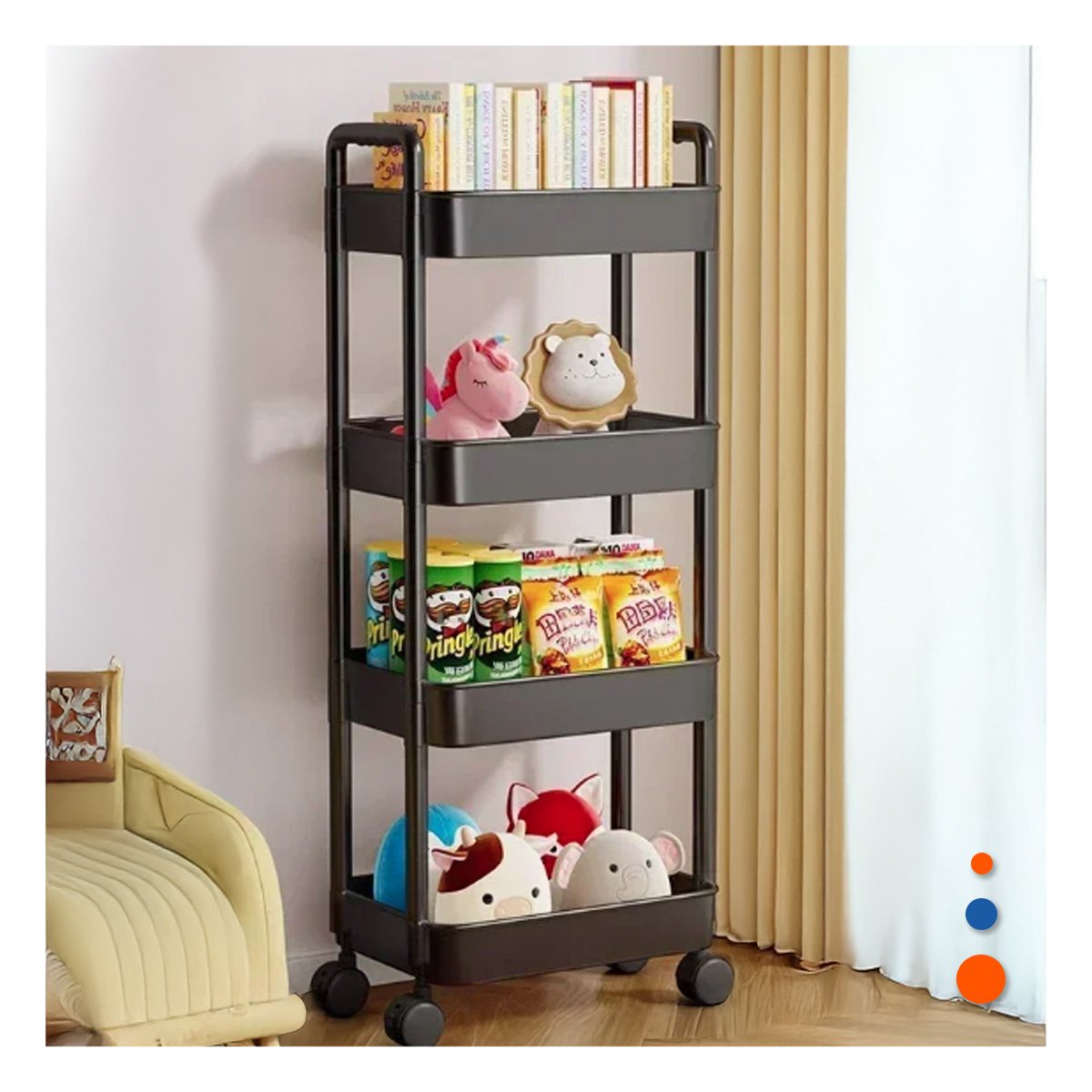PACK2 ESTANTE MOVIL 4 NIVELES CON RUEDAS Y ASAS DE PLASTICO NEGRO PARA COCINA Y CASA - 5
