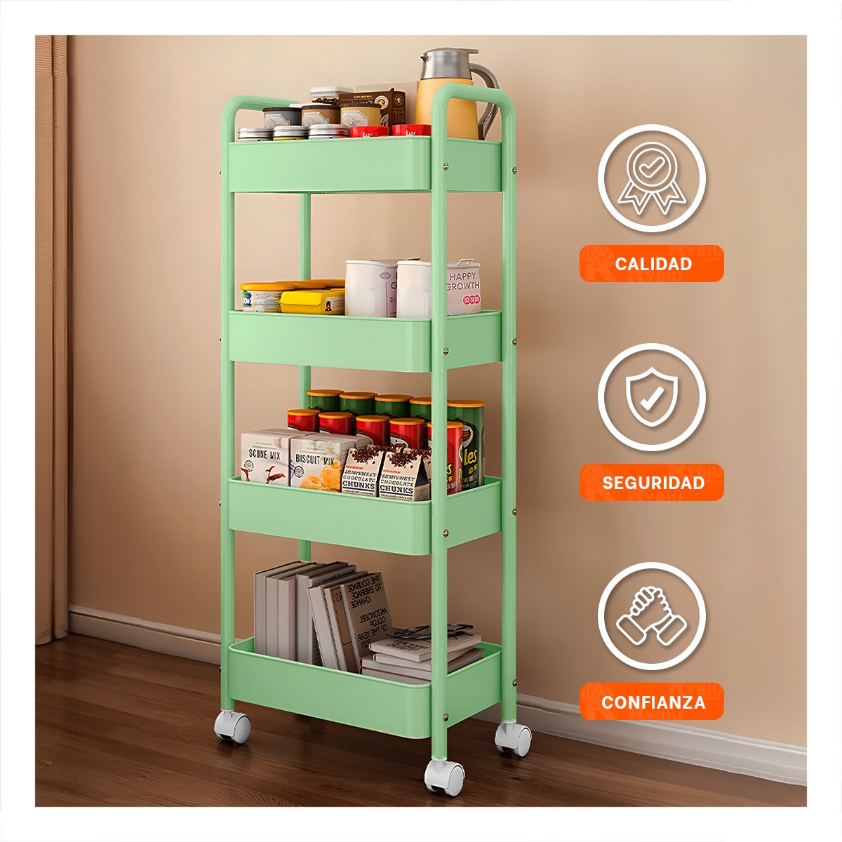 ESTANTE CARRITO FUNCIONAL 4 NIVELES CON RUEDAS Y ASAS METAL VERDE AGUA Y+POST IT - 5