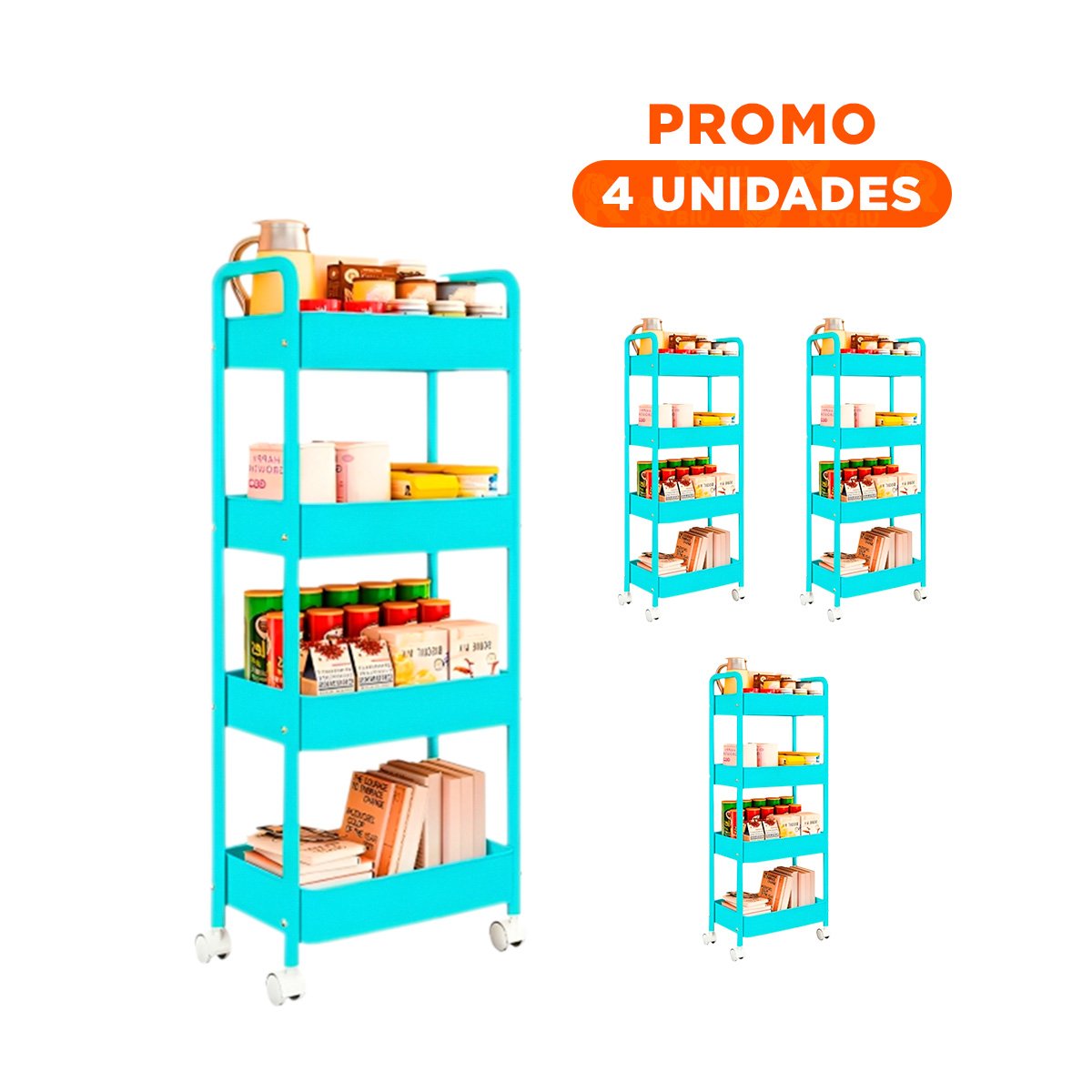 PACK4 RACK MOVIL DE CUATRO NIVELES CON RUEDAS Y ASAS METAL CELESTE HOGAR - 1