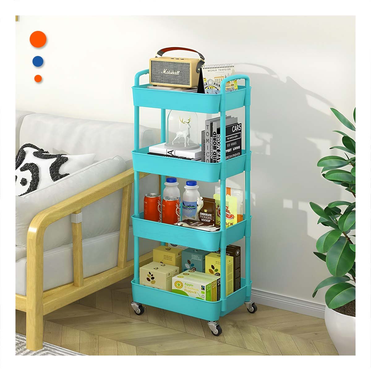 PACK4 RACK MOVIL DE CUATRO NIVELES CON RUEDAS Y ASAS METAL CELESTE HOGAR - 3