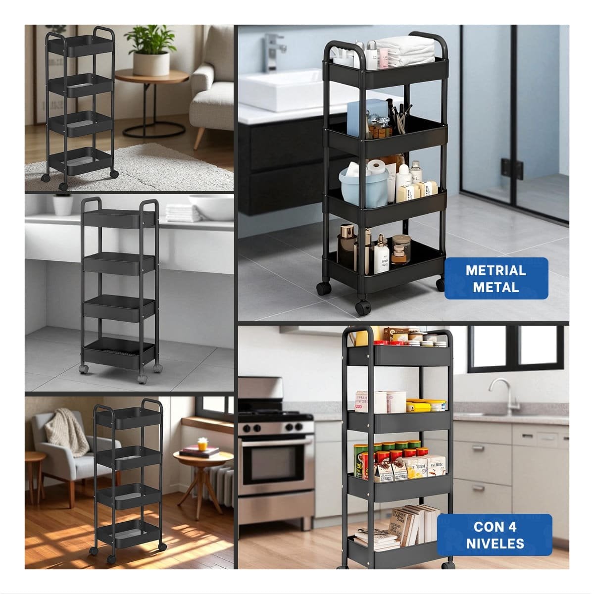 CARRITO DE METAL NEGRO CON 4 NIVELES Y RUEDAS PRACTICO PARA COCINA Y HOGAR Y+PAPEL REGALO - 3