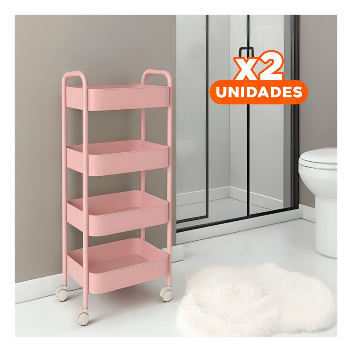 PACK2 SISTEMA ORGANIZADOR DE 4 NIVELES CON RUEDAS Y ASAS PARA HOGAR METAL ROSADO - 1