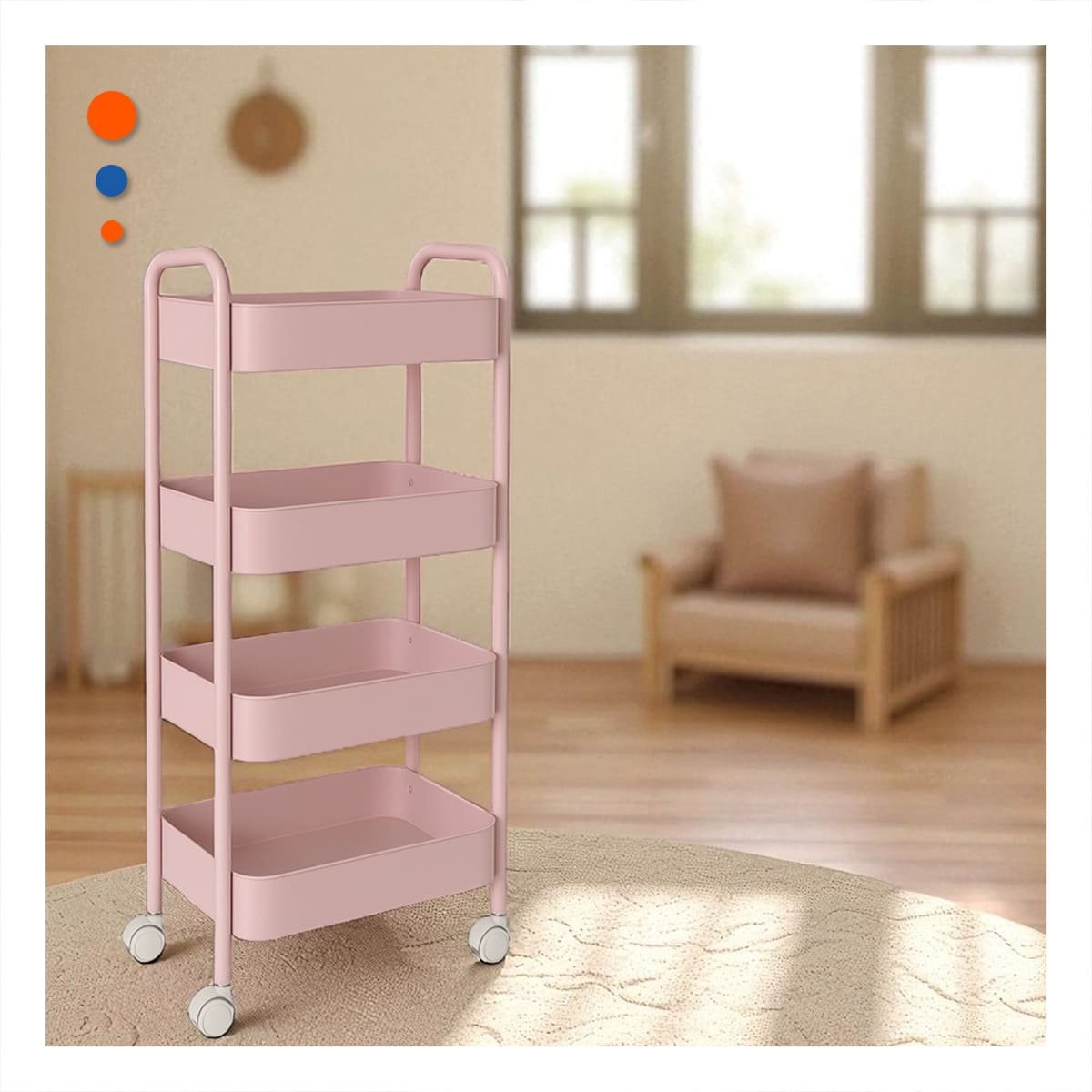 PACK2 SISTEMA ORGANIZADOR DE 4 NIVELES CON RUEDAS Y ASAS PARA HOGAR METAL ROSADO - 3