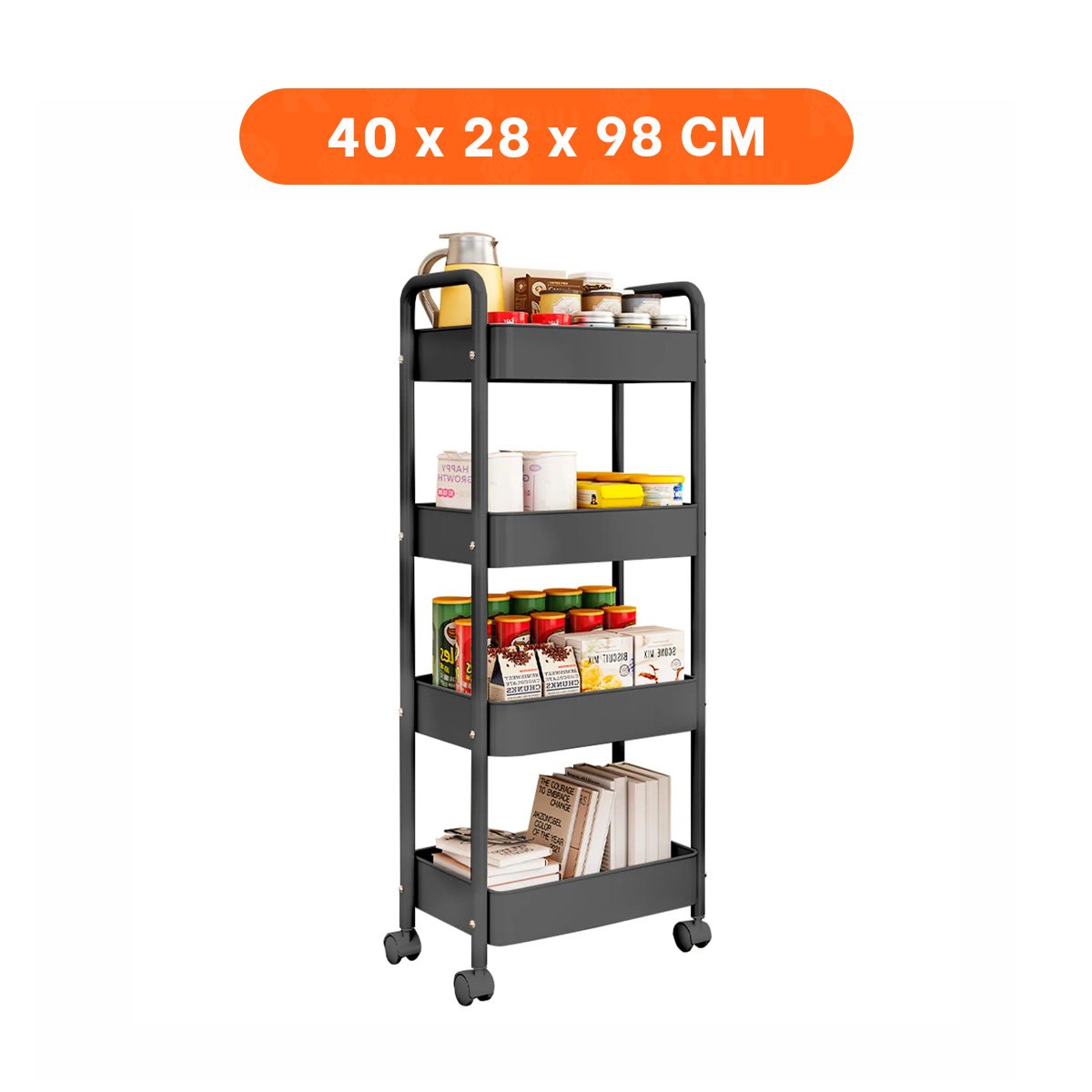 PACK4 RACK AUXILIAR 4 NIVELES CON RUEDAS Y ASAS DE PLASTICO NEGRO PARA HOGAR Y+PAPEL REGALO - 4
