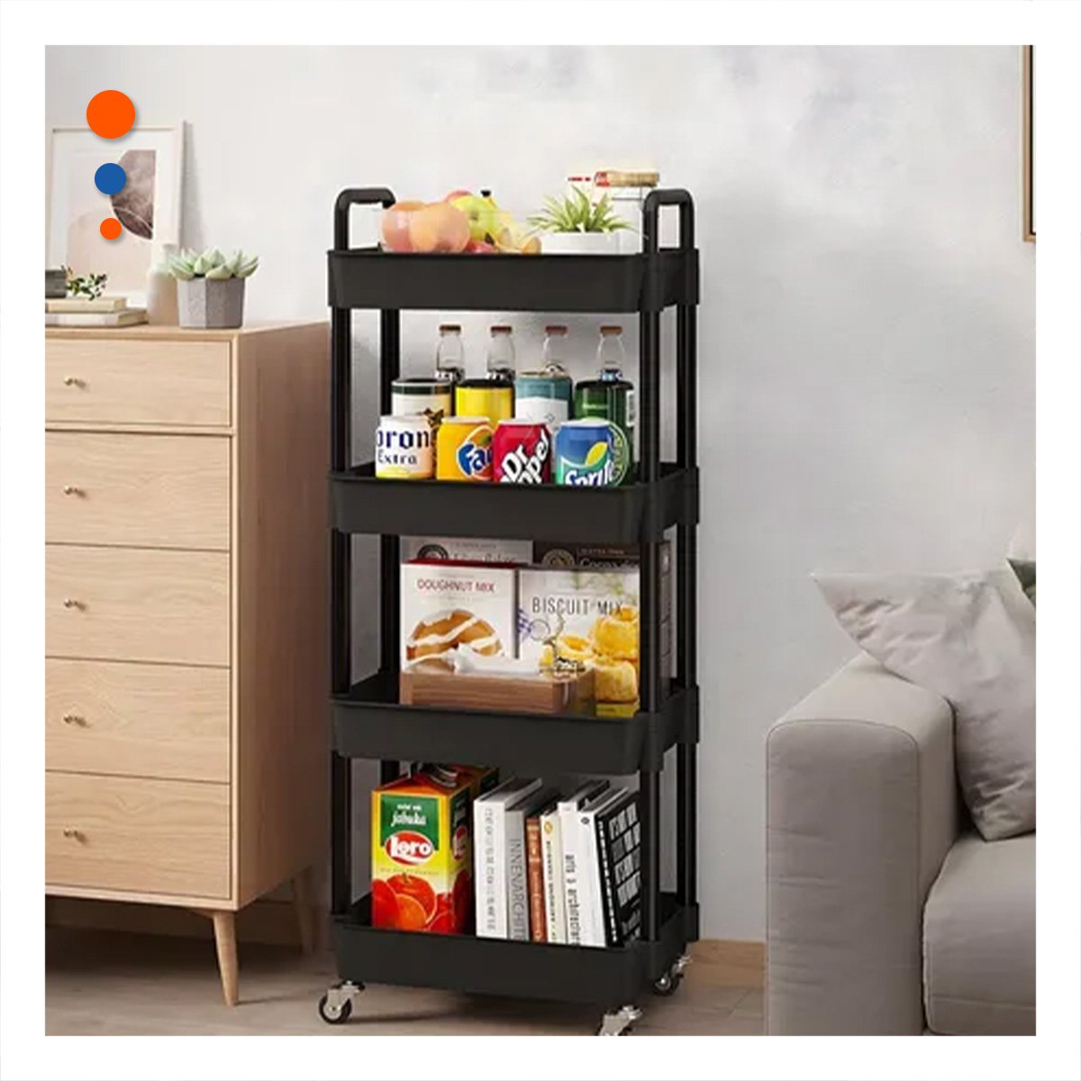 PACK4 RACK AUXILIAR 4 NIVELES CON RUEDAS Y ASAS DE PLASTICO NEGRO PARA HOGAR Y+PAPEL REGALO - 5