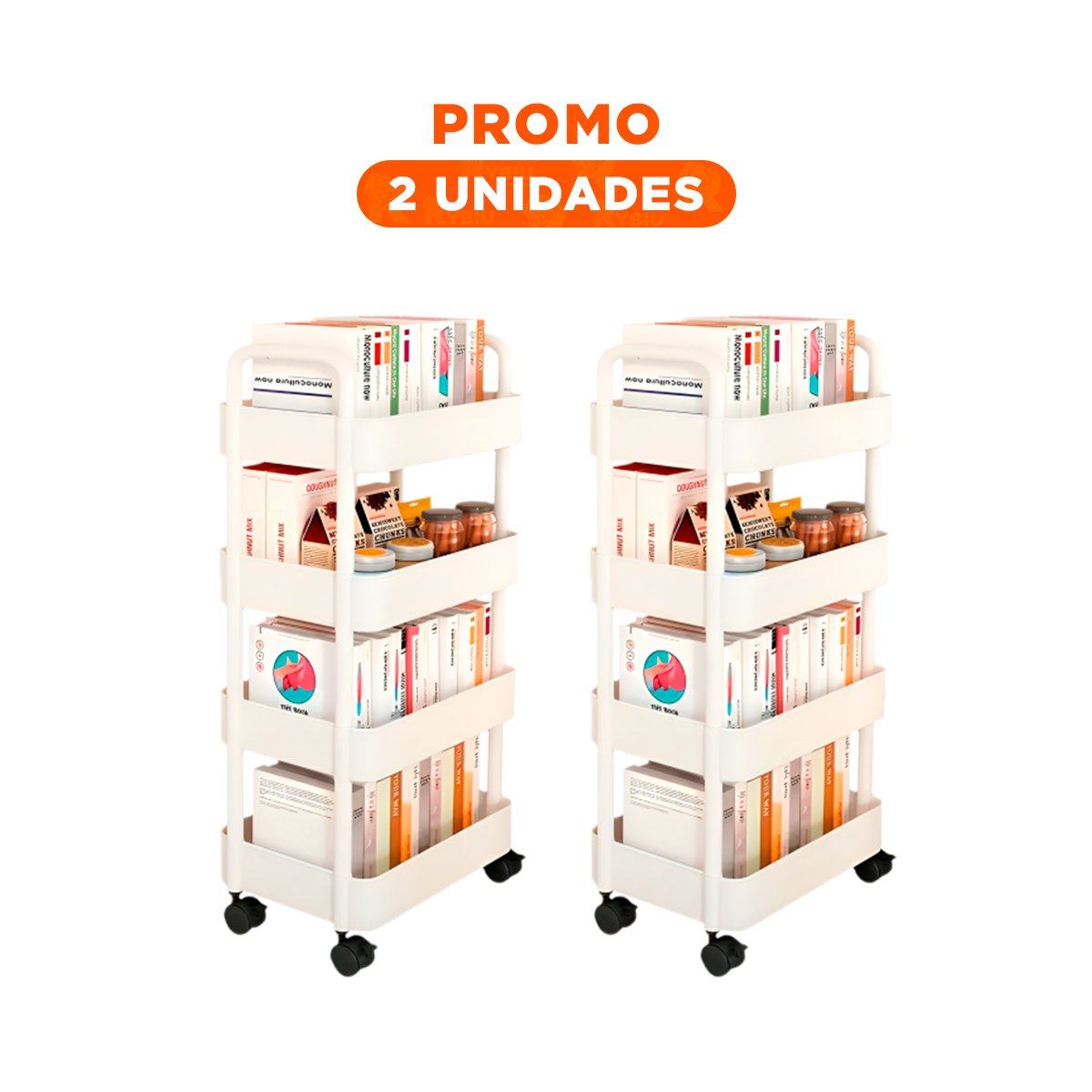 PACK2 SOPORTE MOVIL BLANCO DE PLASTICO CON CUATRO NIVELES RUEDAS Y ASAS Y+REGALO STICKER - 1