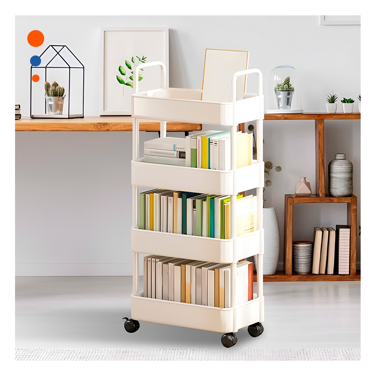 PACK2 SOPORTE MOVIL BLANCO DE PLASTICO CON CUATRO NIVELES RUEDAS Y ASAS Y+REGALO STICKER - 3