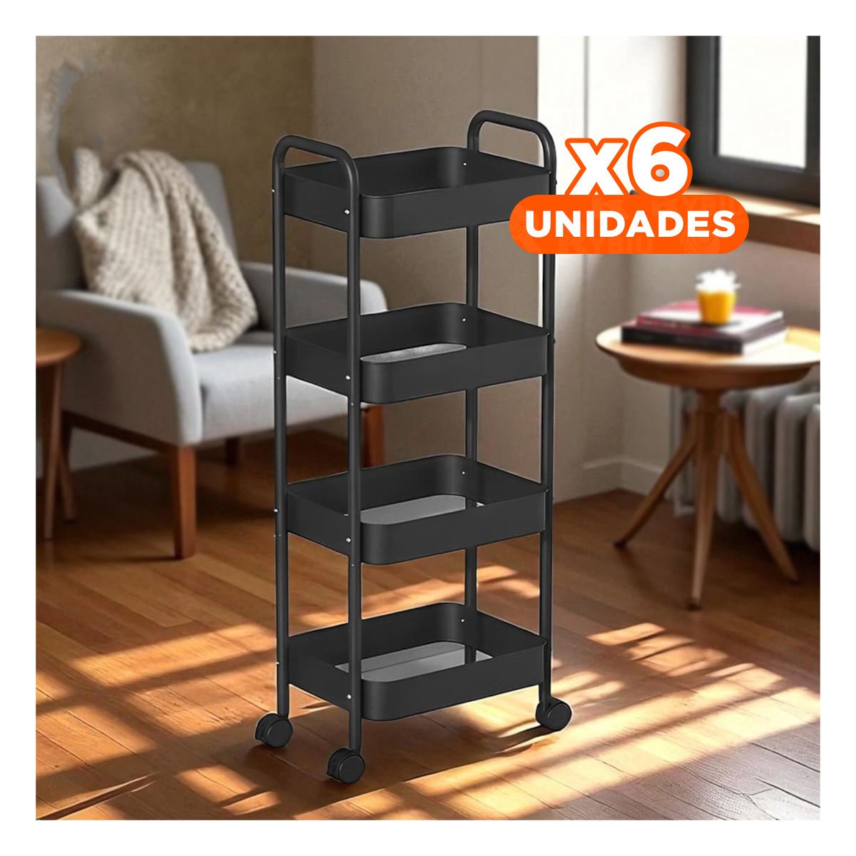 PACK6 UNIDAD AUXILIAR DE METAL NEGRO CON CUATRO NIVELES Y RUEDAS PARA COCINA CASA - 1