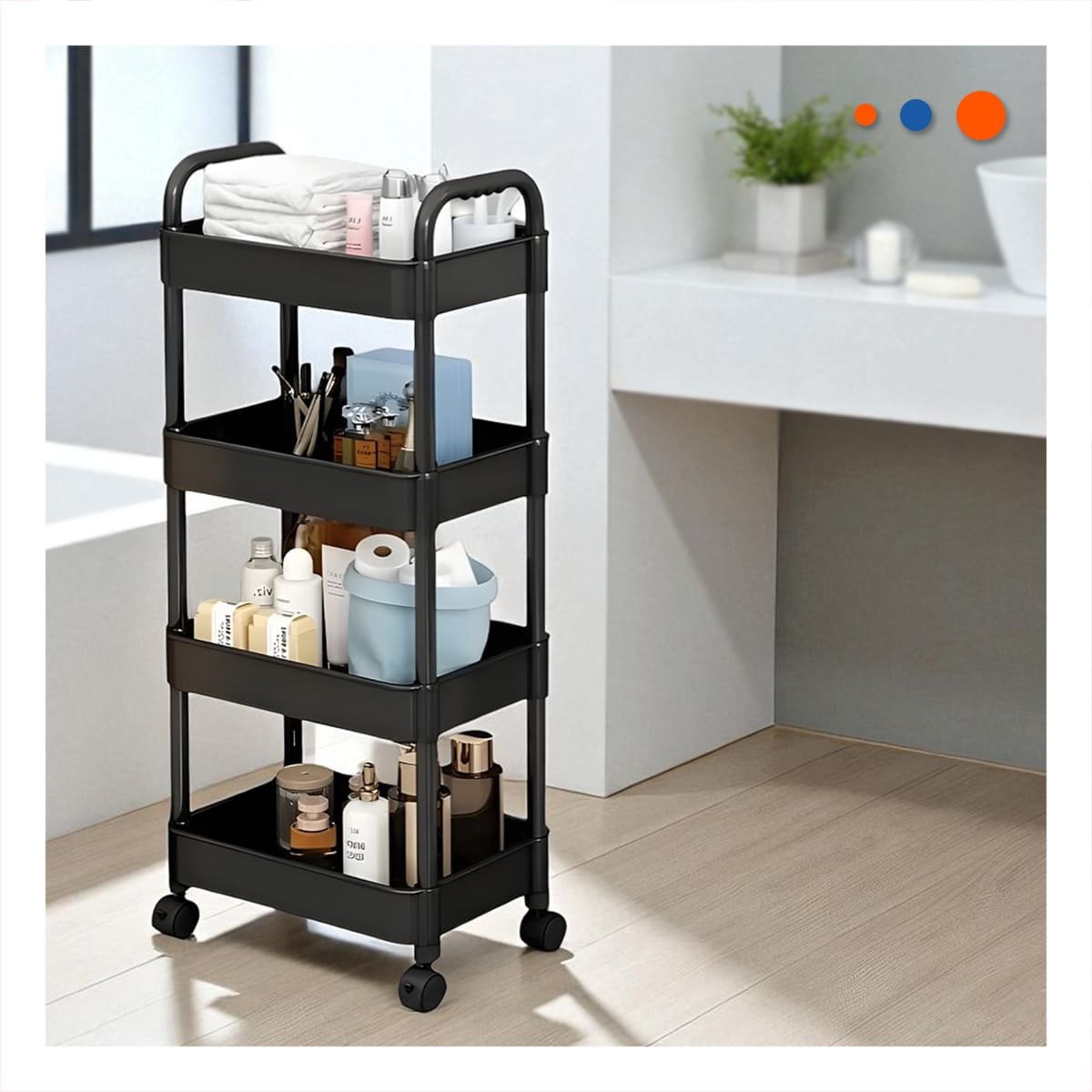PACK6 UNIDAD AUXILIAR DE METAL NEGRO CON CUATRO NIVELES Y RUEDAS PARA COCINA CASA - 2