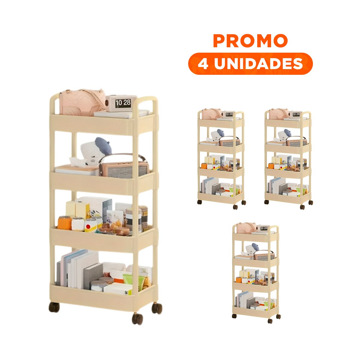 PACK4 SOPORTE CARRITO 4 NIVELES CON RUEDAS Y ASAS METAL AMARILLO CLARO - 1