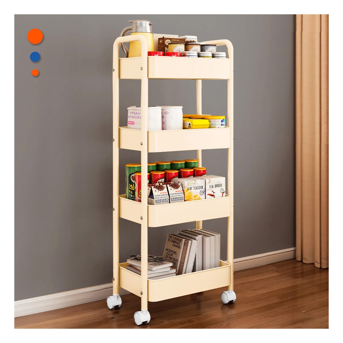 PACK4 SOPORTE CARRITO 4 NIVELES CON RUEDAS Y ASAS METAL AMARILLO CLARO - 5