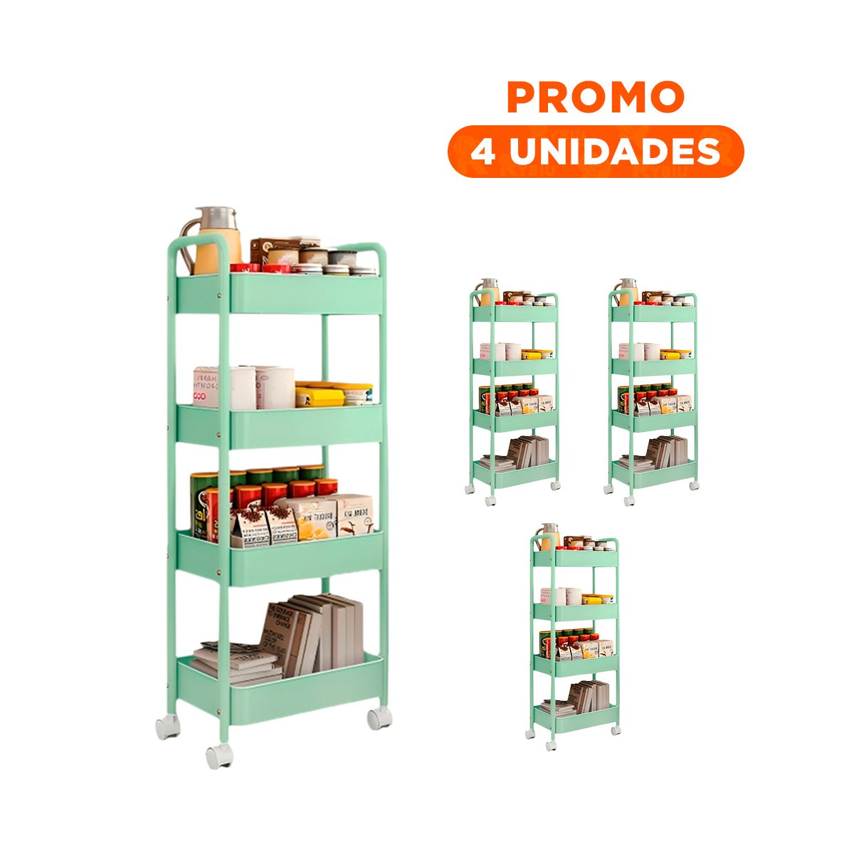 PACK4 CARRITO REPISA 4 NIVELES METAL CON RUEDAS Y ASAS VERDE AGUA - 1
