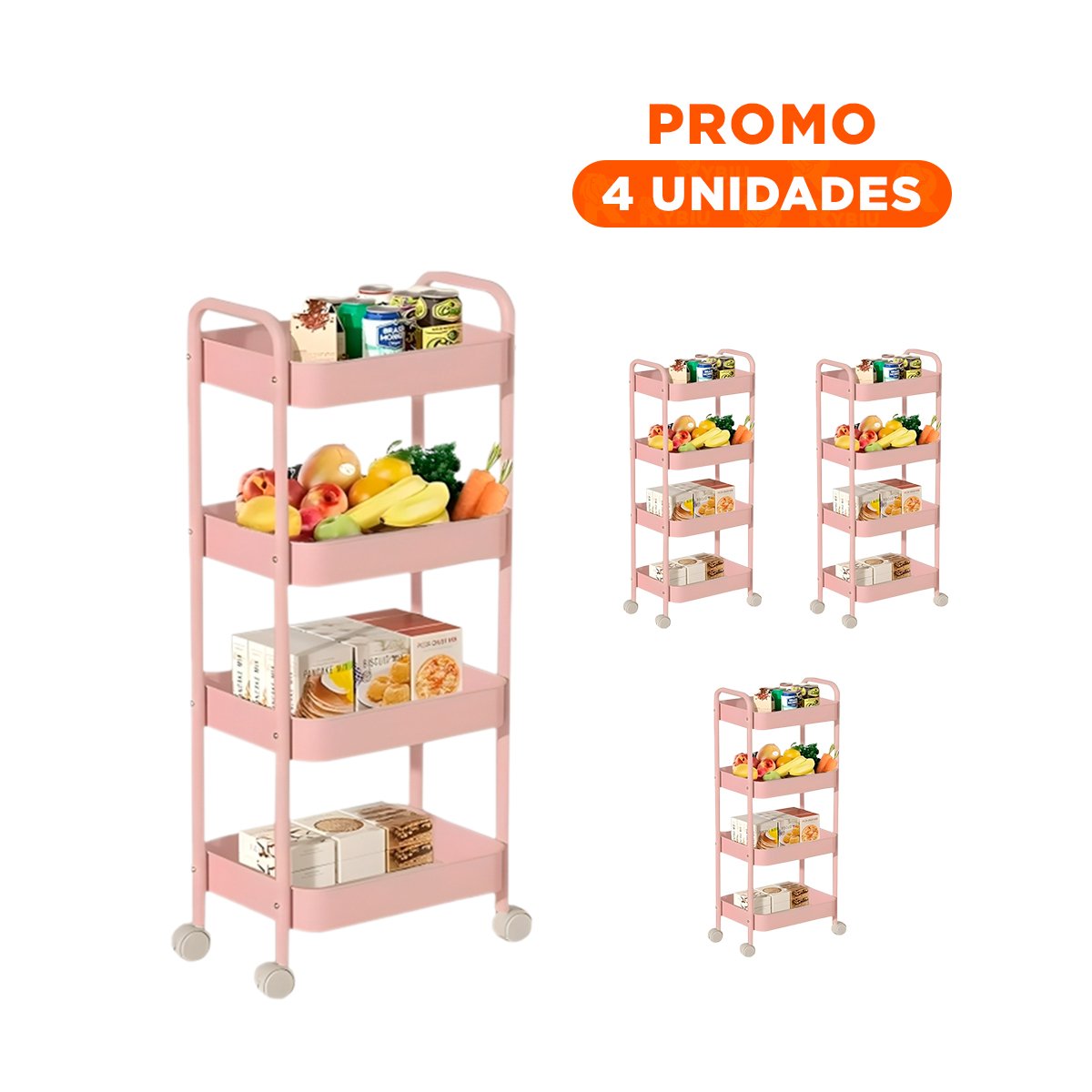 PACK4 SOPORTE RODANTE DE 4 NIVELES CON RUEDAS Y ASAS PARA CASA METAL ROSADO - 1