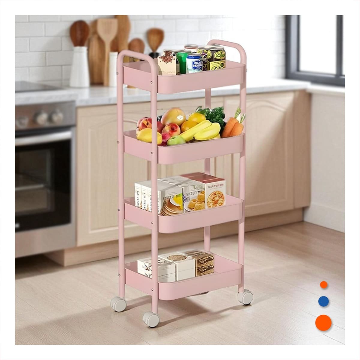 PACK4 SOPORTE RODANTE DE 4 NIVELES CON RUEDAS Y ASAS PARA CASA METAL ROSADO - 3