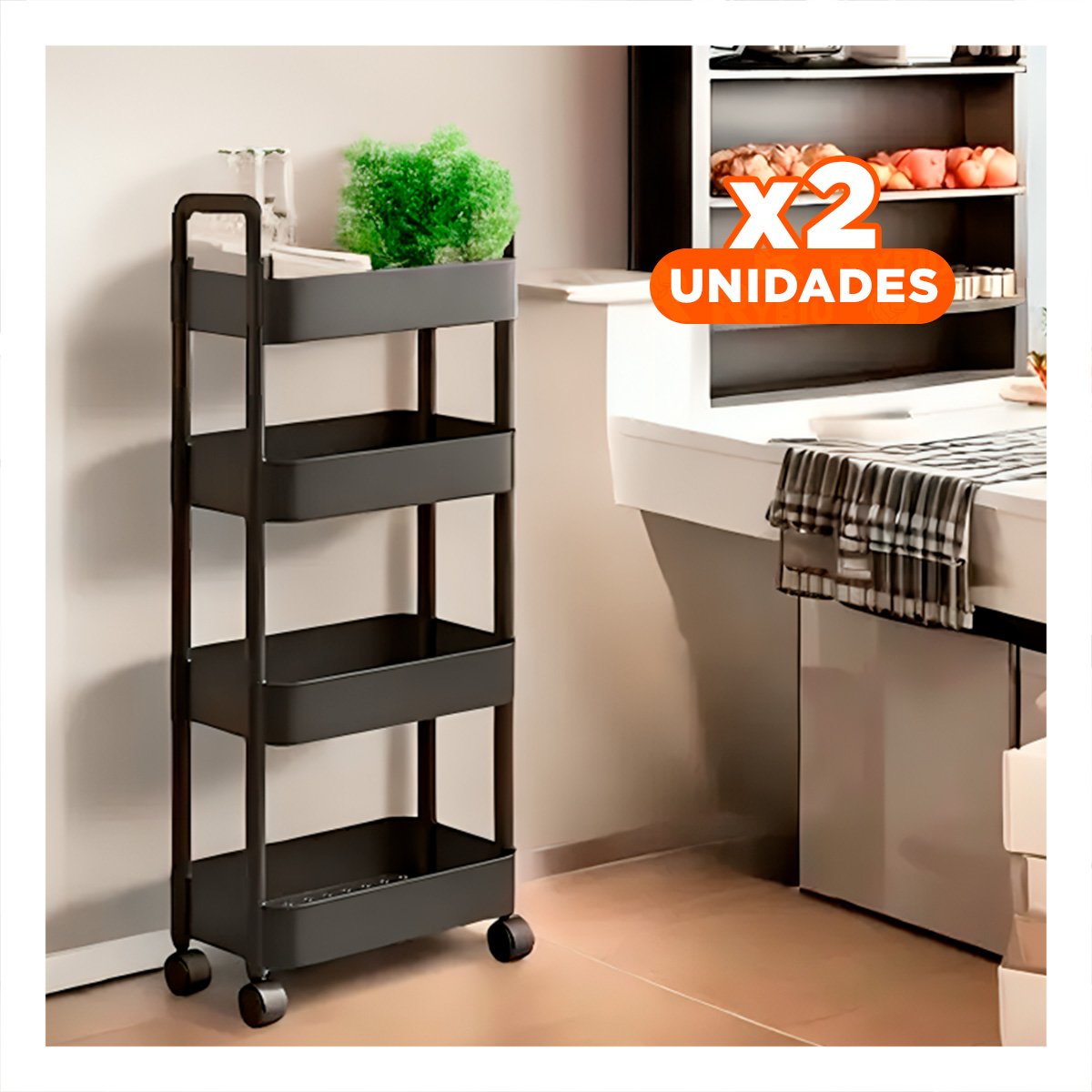 PACK2 CARRITO AUXILIAR 4 NIVELES CON RUEDAS Y ASAS DE PLASTICO NEGRO PARA ORDEN Y+PAPEL REGALO - 1