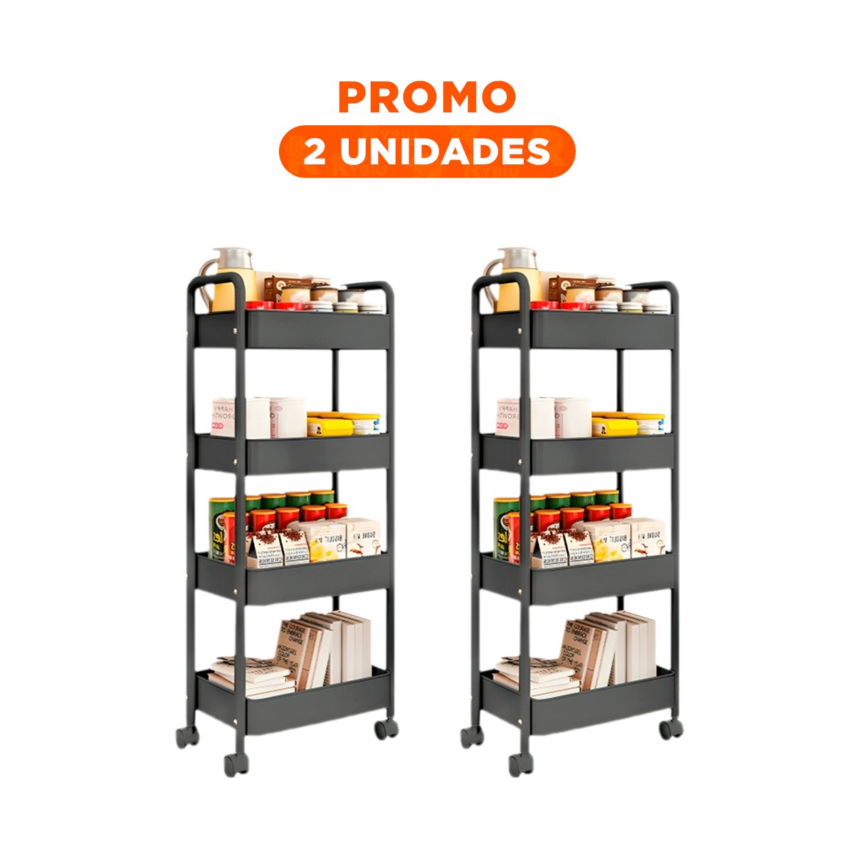 PACK2 SOPORTE MOVIL DE METAL NEGRO CON CUATRO NIVELES Y RUEDAS PARA ORDEN Y+REGALO STICKER - 1