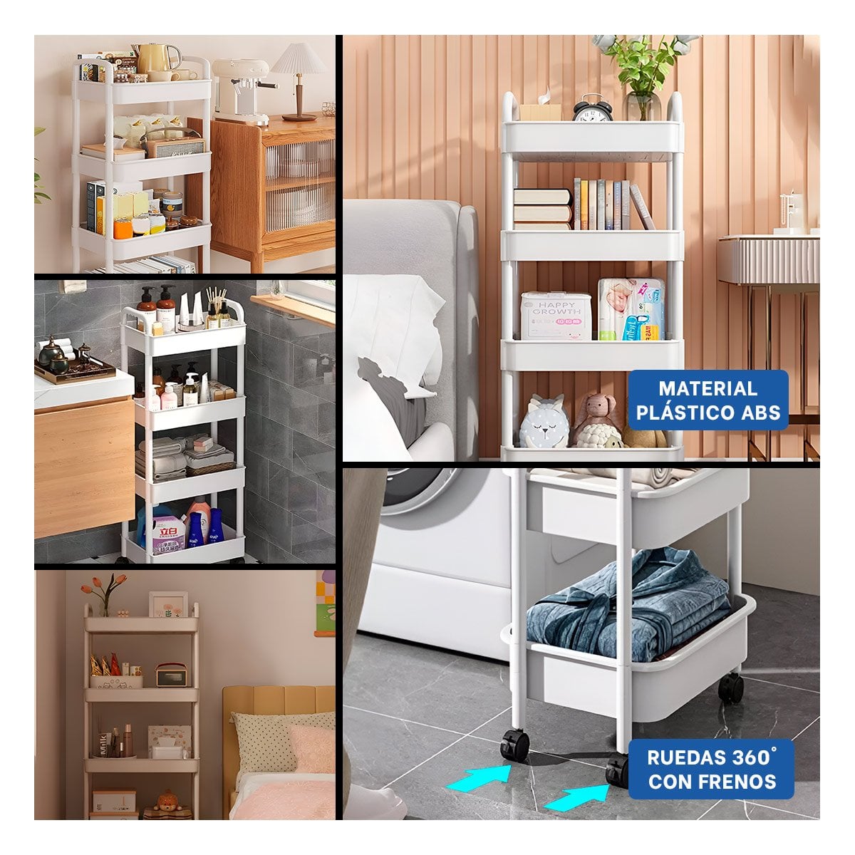 ORGANIZADOR MOVIL BLANCO DE PLASTICO CON CUATRO NIVELES RUEDAS Y ASAS CASA Y+PAPEL REGALO - 3