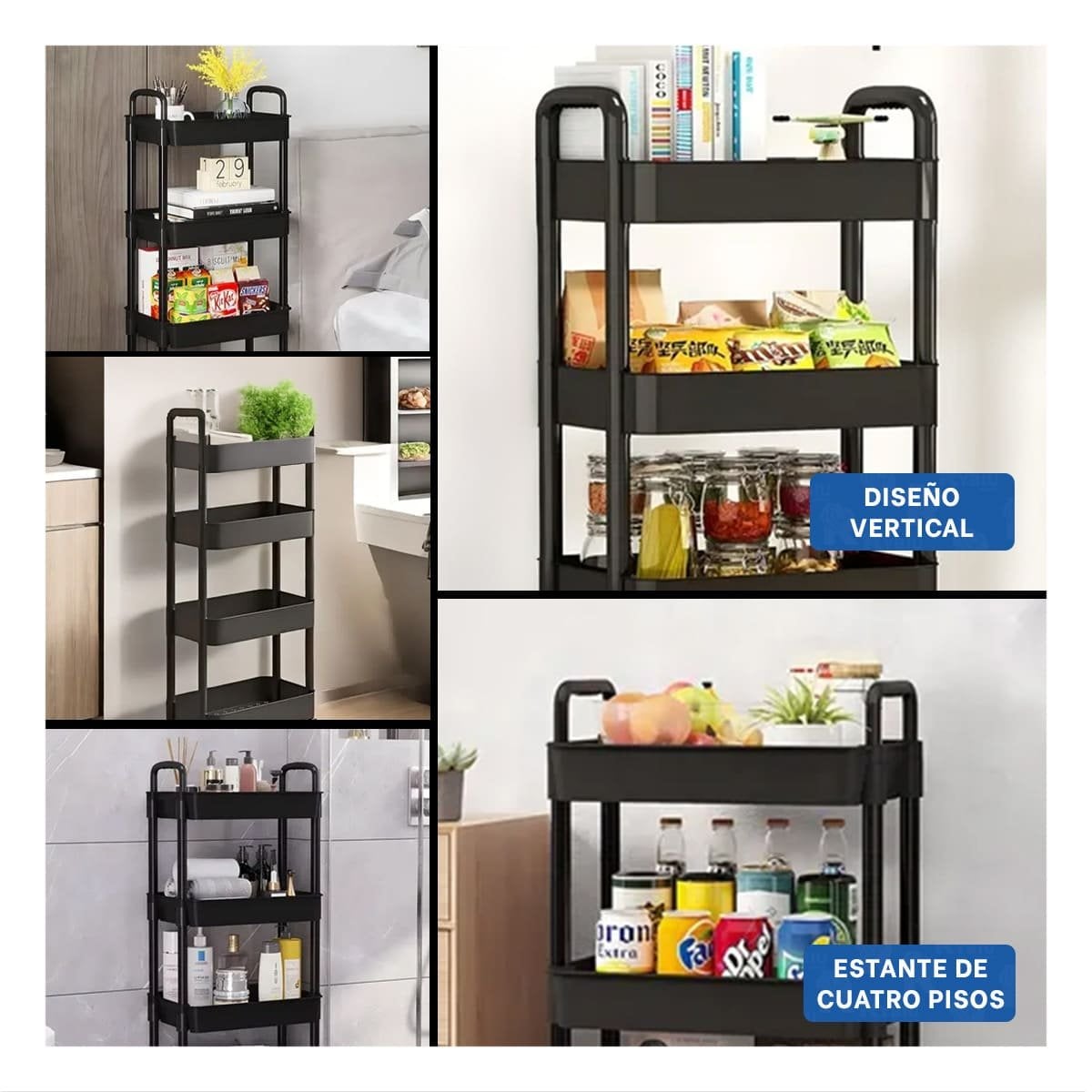 RACK MOVIL 4 NIVELES CON RUEDAS Y ASAS DE PLASTICO NEGRO PARA HOGAR Y+POST IT - 2