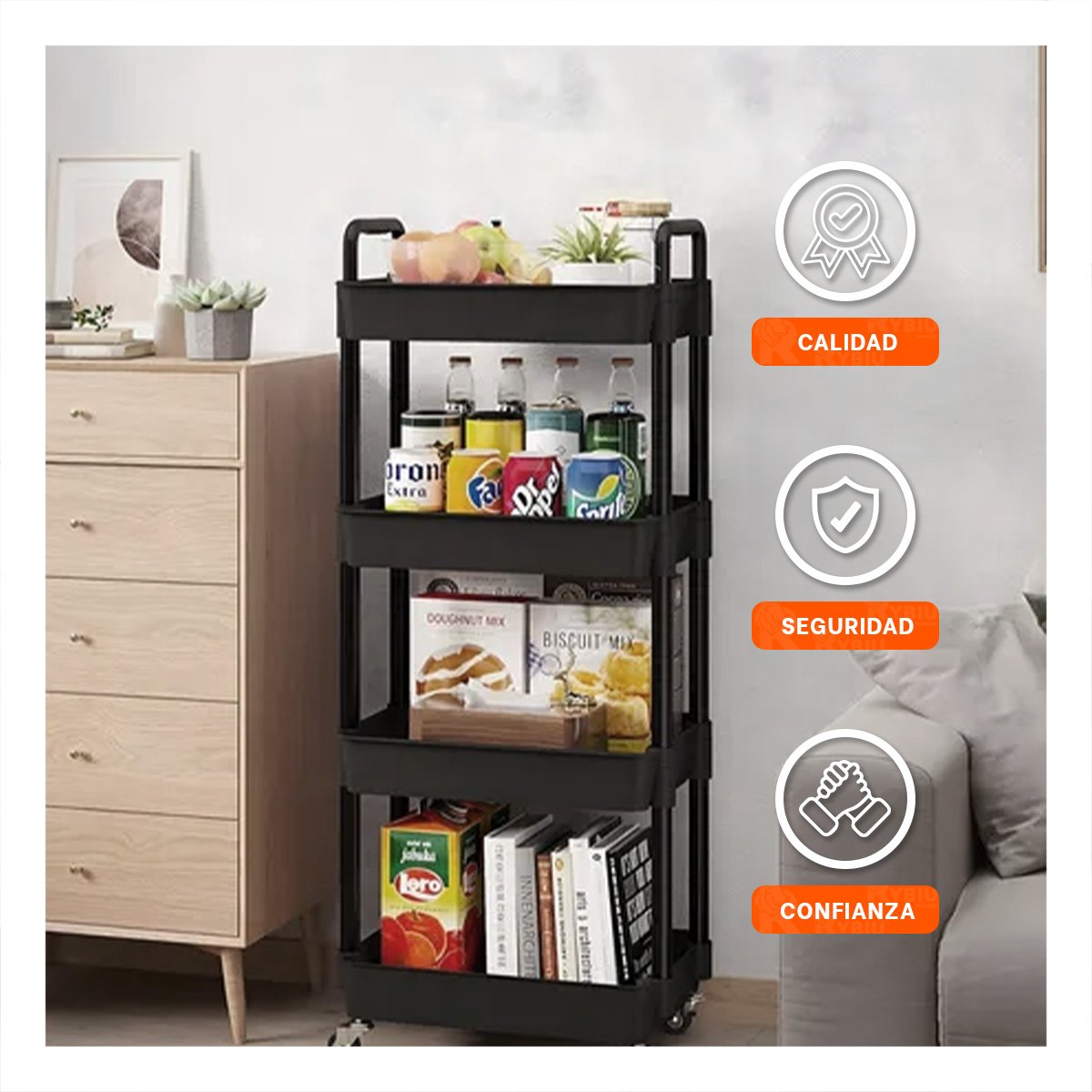 RACK MOVIL 4 NIVELES CON RUEDAS Y ASAS DE PLASTICO NEGRO PARA HOGAR Y+POST IT - 5