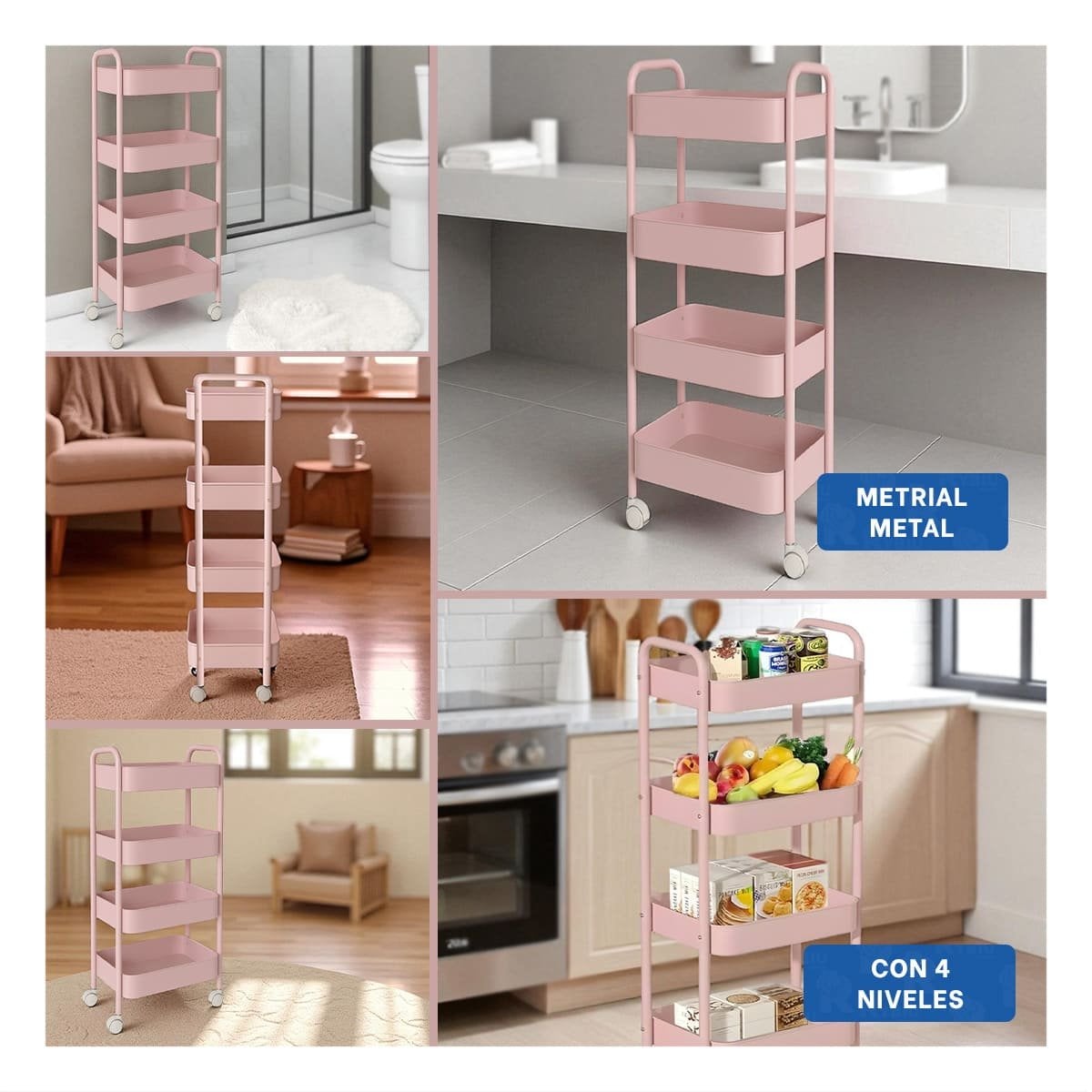 PACK4 UNIDAD MOVIL DE 4 NIVELES CON RUEDAS Y ASAS PARA CASA METAL ROSADO Y+REGALO STICKER - 2
