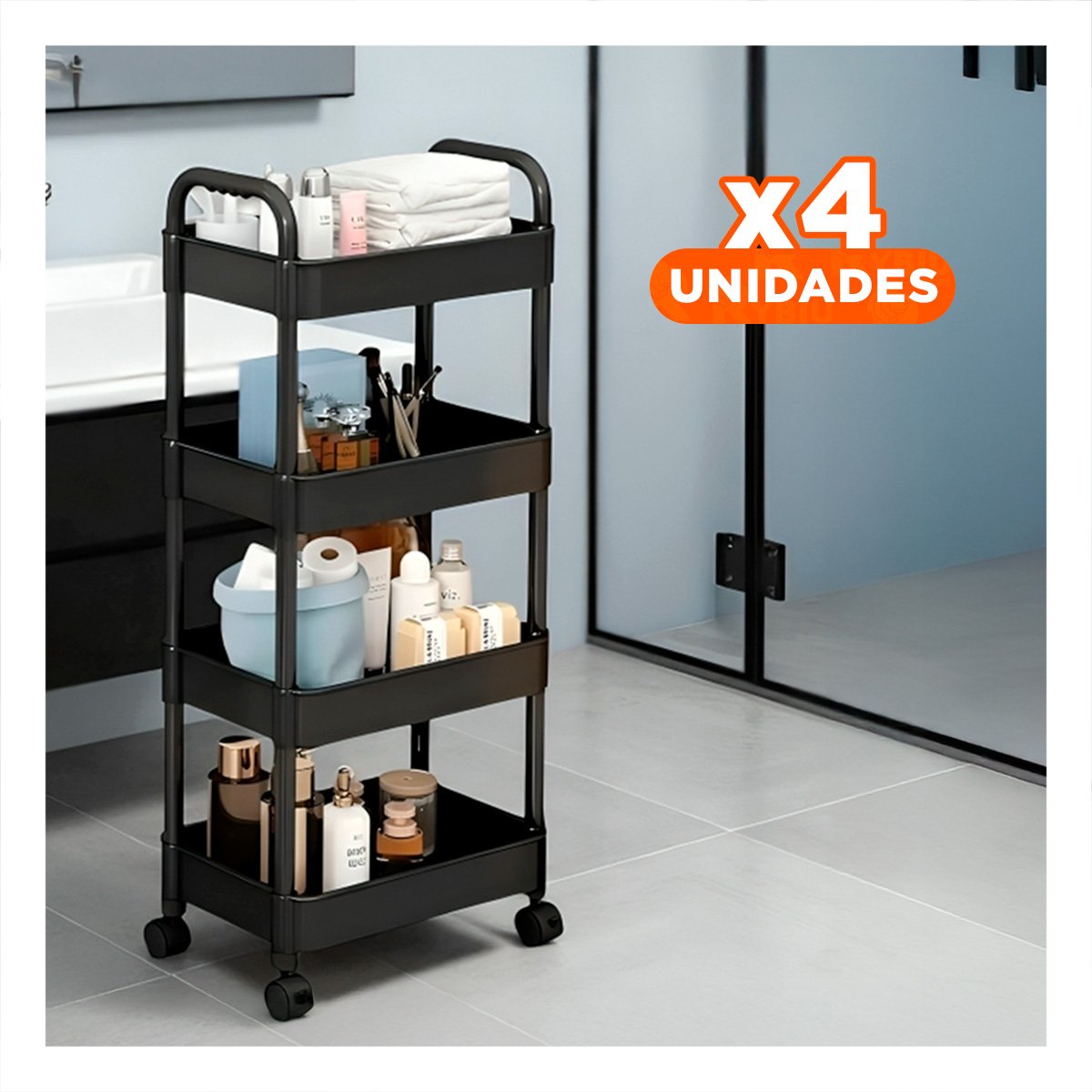 PACK4 ESTRUCTURA MOVIL DE METAL NEGRO CON CUATRO NIVELES Y RUEDAS Y+REGALO STICKER - 1