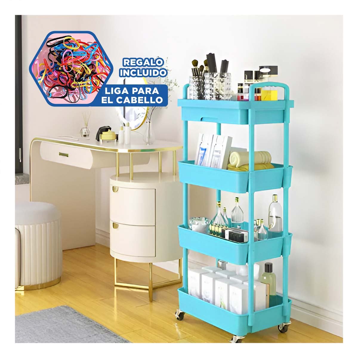 MUEBLE ORGANIZADOR DE CUATRO NIVELES CON RUEDAS Y ASAS METAL CELESTE CASA Y+LIGAS REGALO - 2