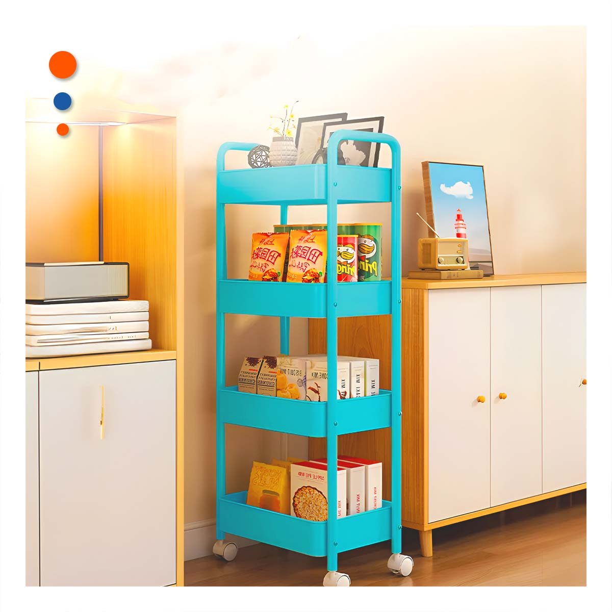 PACK4 ESTRUCTURA MOVIL DE CUATRO NIVELES CON RUEDAS Y ASAS METAL CELESTE CASA Y+PAPEL REGALO - 5