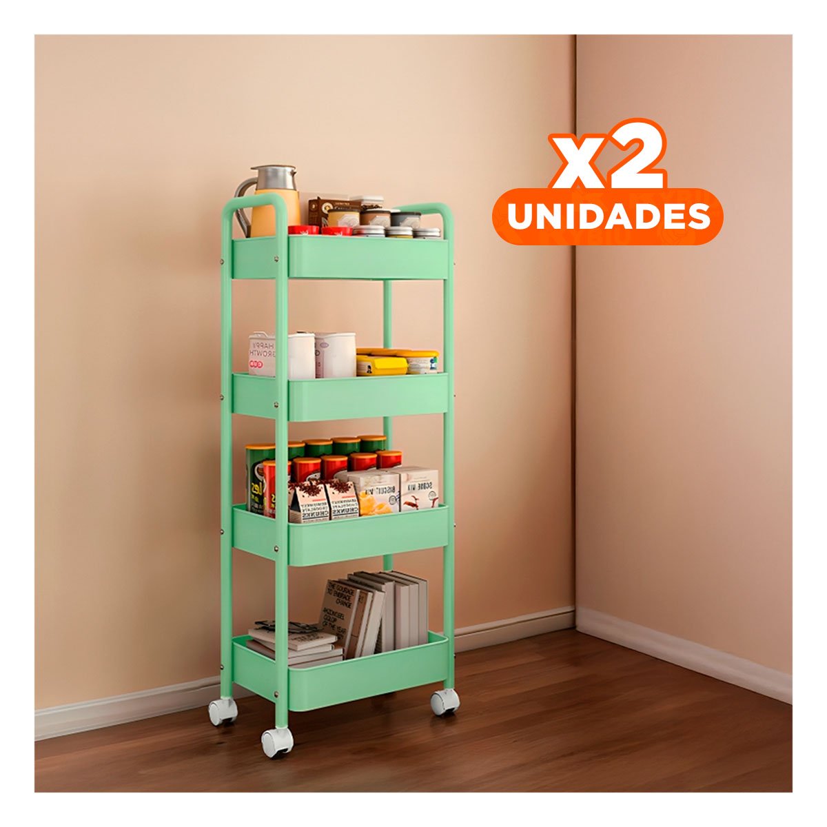 PACK2 CARRITO METAL 4 NIVELES CON RUEDAS Y ASAS VERDE AGUA - 1