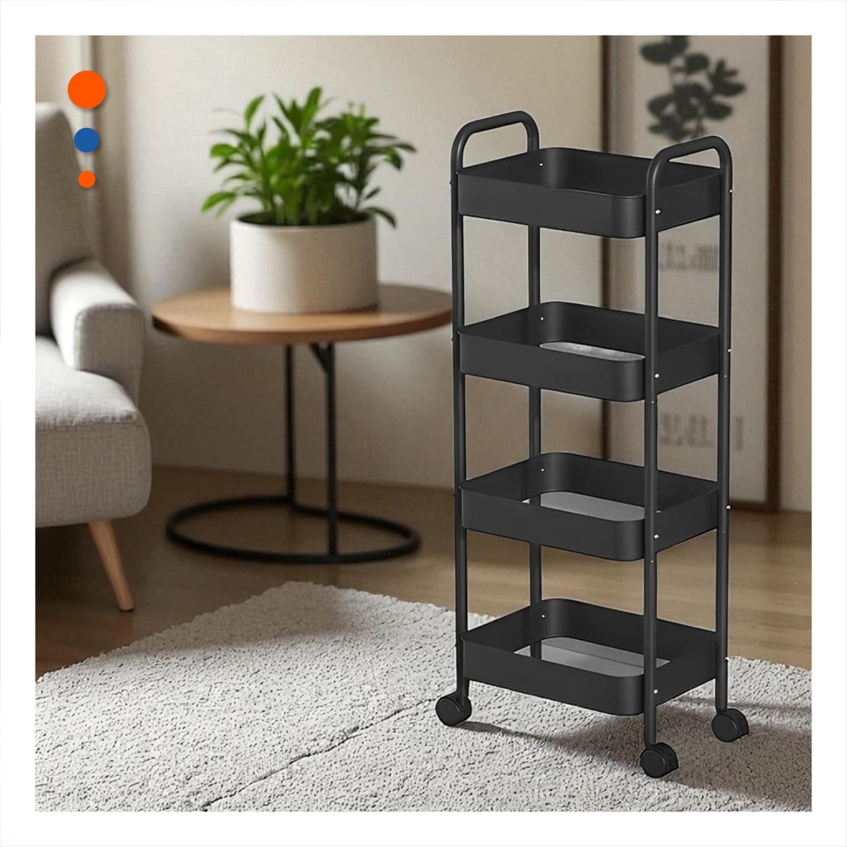 ORGANIZADOR DE METAL NEGRO CON 4 NIVELES MOVIL CON RUEDAS Y ASAS PARA CASA Y+REGALO STICKER - 5