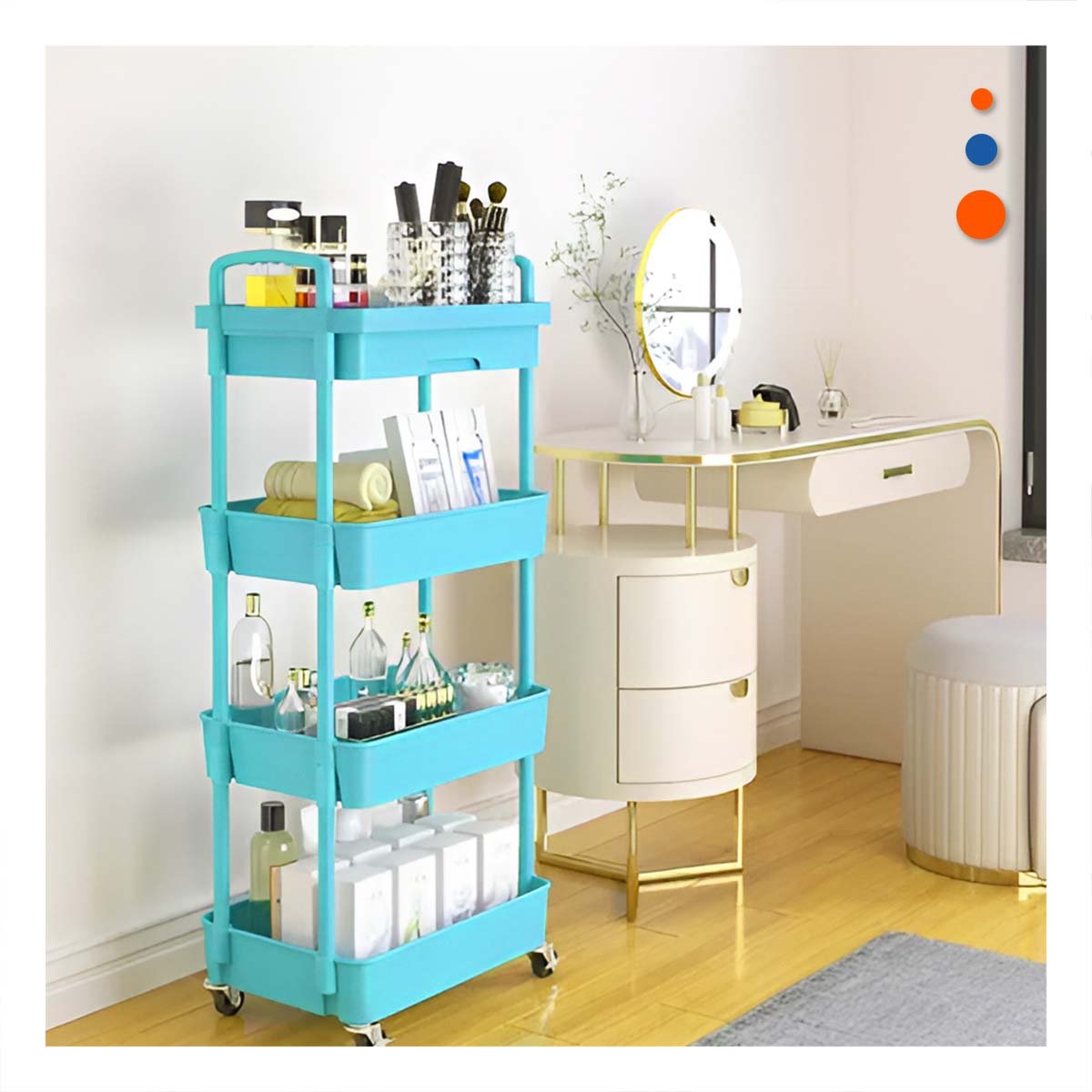 PACK2 ESTACION MOVIL DE CUATRO NIVELES CON RUEDAS Y ASAS METAL CELESTE PARA CASA - 5
