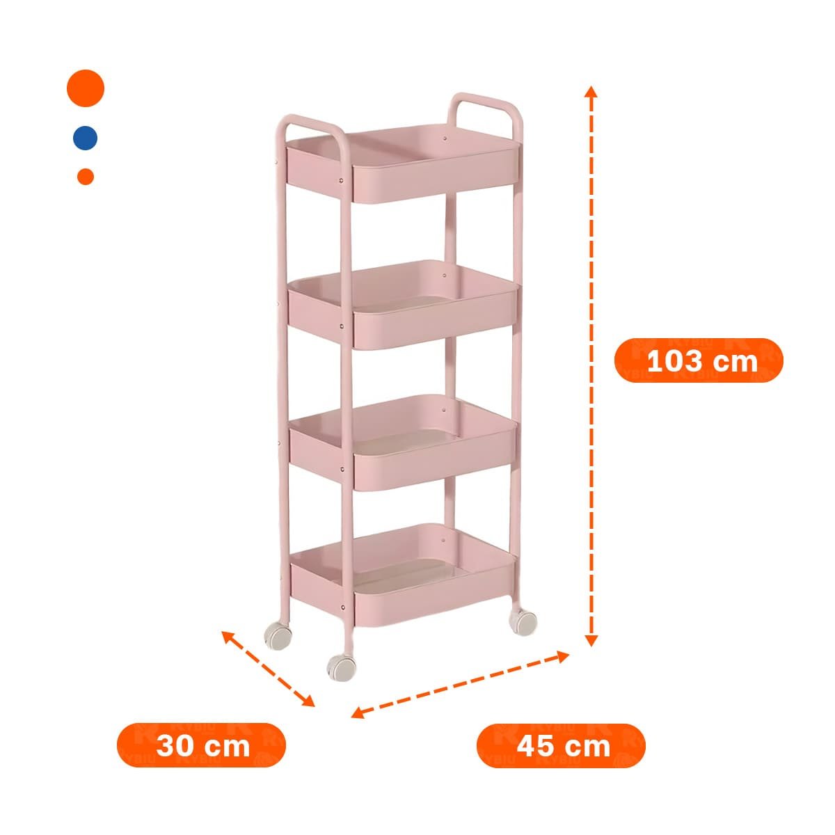 CARRO MULTIUSO DE 4 NIVELES CON RUEDAS Y ASAS PARA HOGAR METAL ROSADO Y+POST IT - 4