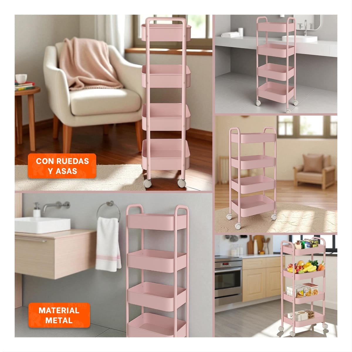 MUEBLE AUXILIAR DE 4 NIVELES CON RUEDAS Y ASAS PARA CASA METAL ROSADO Y+LIGAS REGALO - 1
