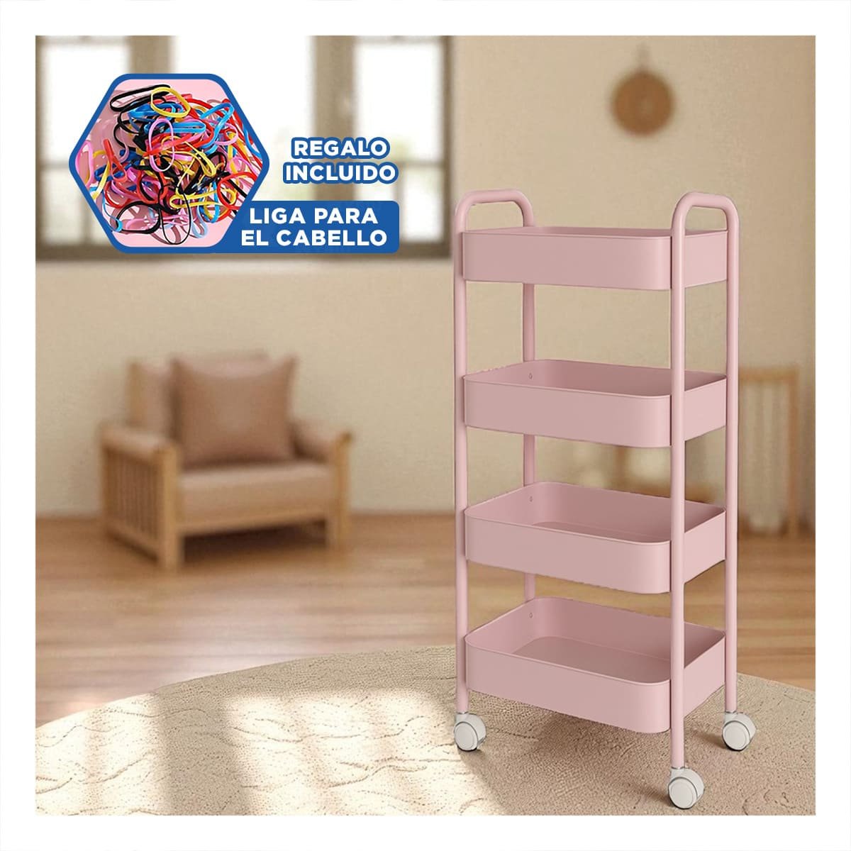 MUEBLE AUXILIAR DE 4 NIVELES CON RUEDAS Y ASAS PARA CASA METAL ROSADO Y+LIGAS REGALO - 2