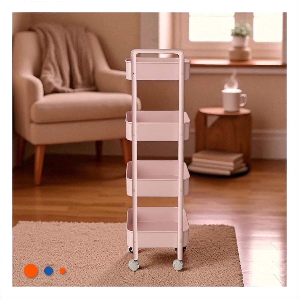 MUEBLE AUXILIAR DE 4 NIVELES CON RUEDAS Y ASAS PARA CASA METAL ROSADO Y+LIGAS REGALO - 3