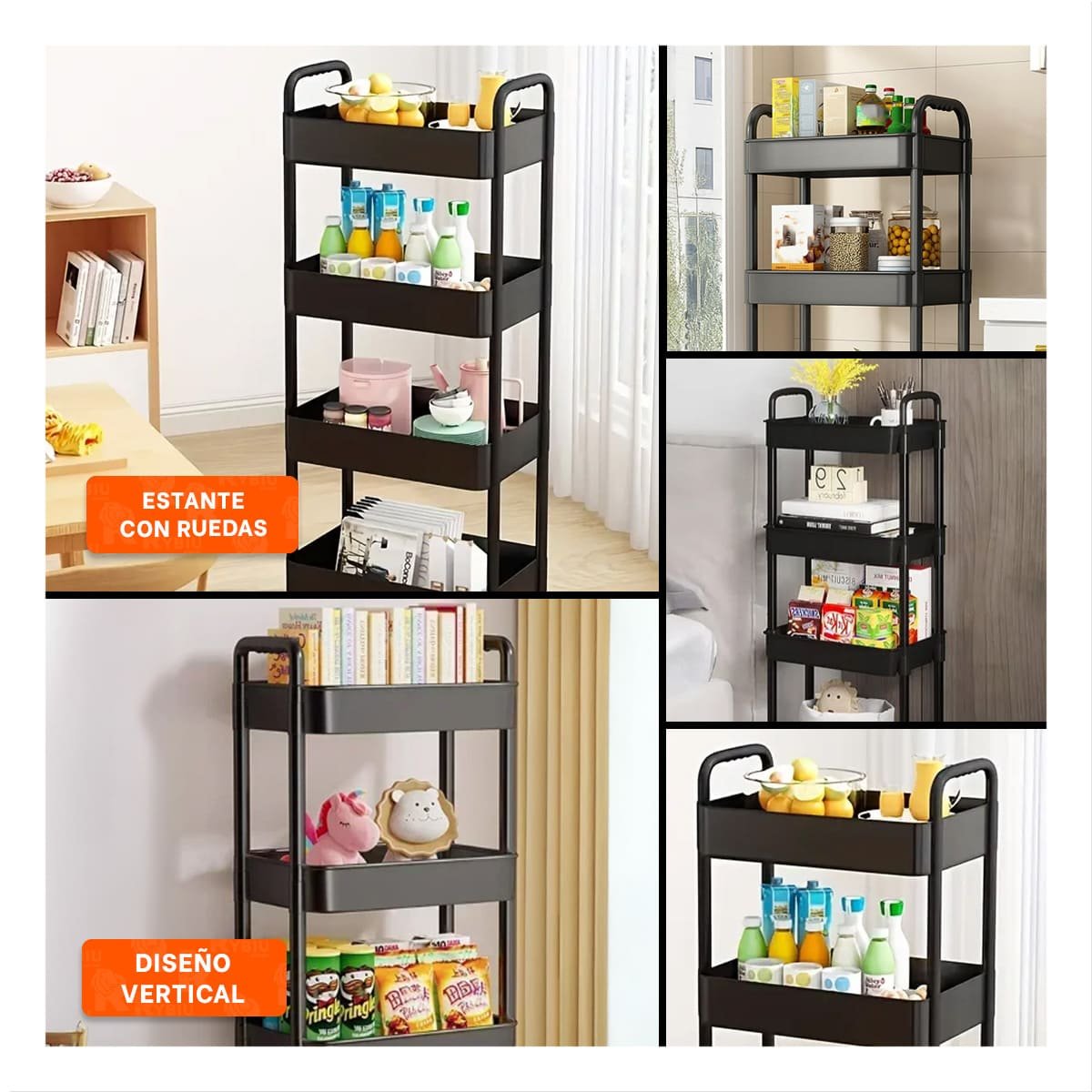 PACK6 ORGANIZADOR MOVIL 4 NIVELES CON RUEDAS Y ASAS DE PLASTICO NEGRO PARA CASA Y+PAPEL REGALO - 3