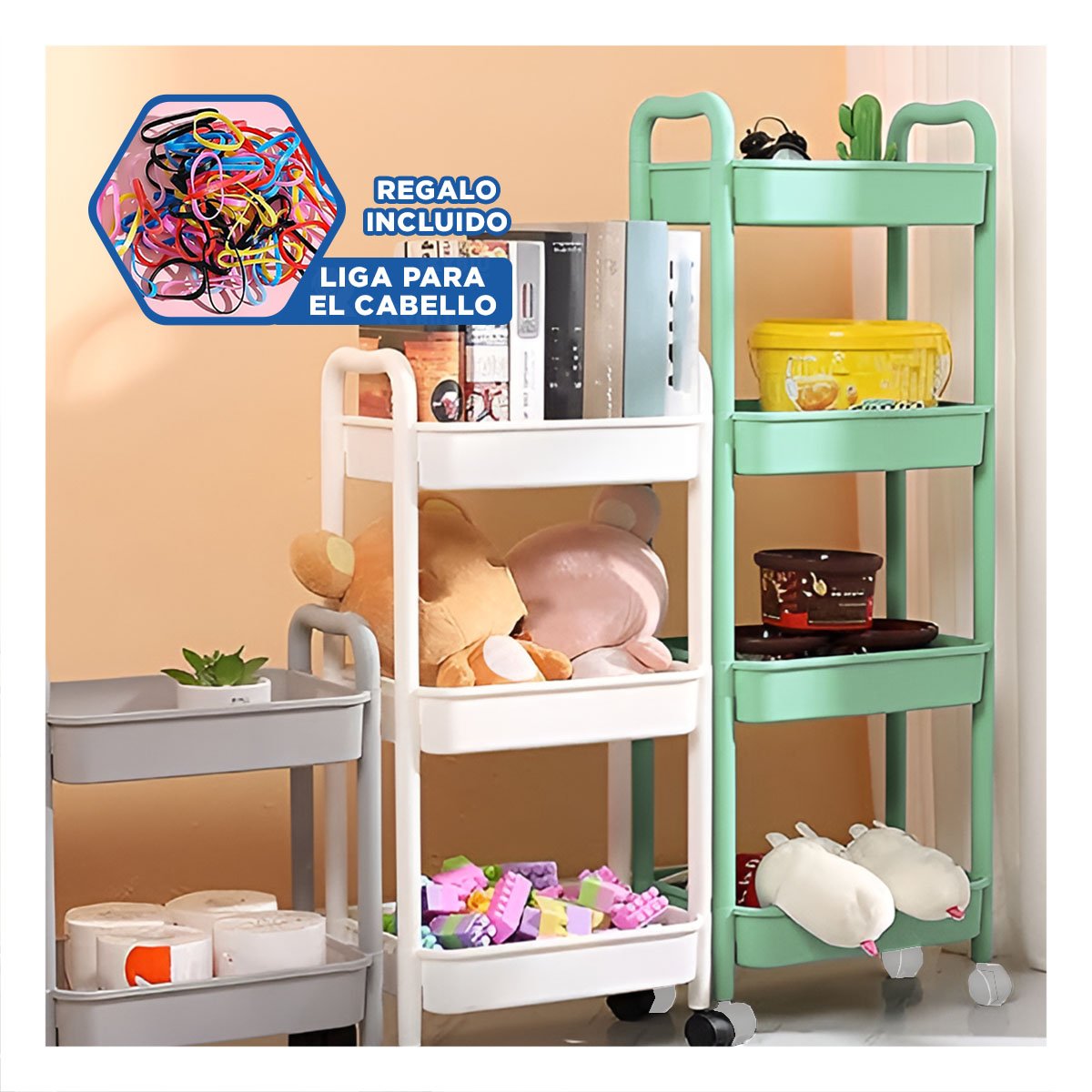 ESTANTE SOPORTE 4 NIVELES CON RUEDAS Y ASAS METAL VERDE AGUA Y+LIGAS REGALO - 2