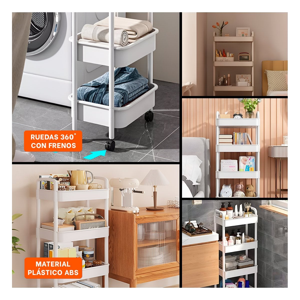 REPISA MOVIL BLANCA DE PLASTICO CON CUATRO NIVELES RUEDAS Y ASAS PARA CASA - 2