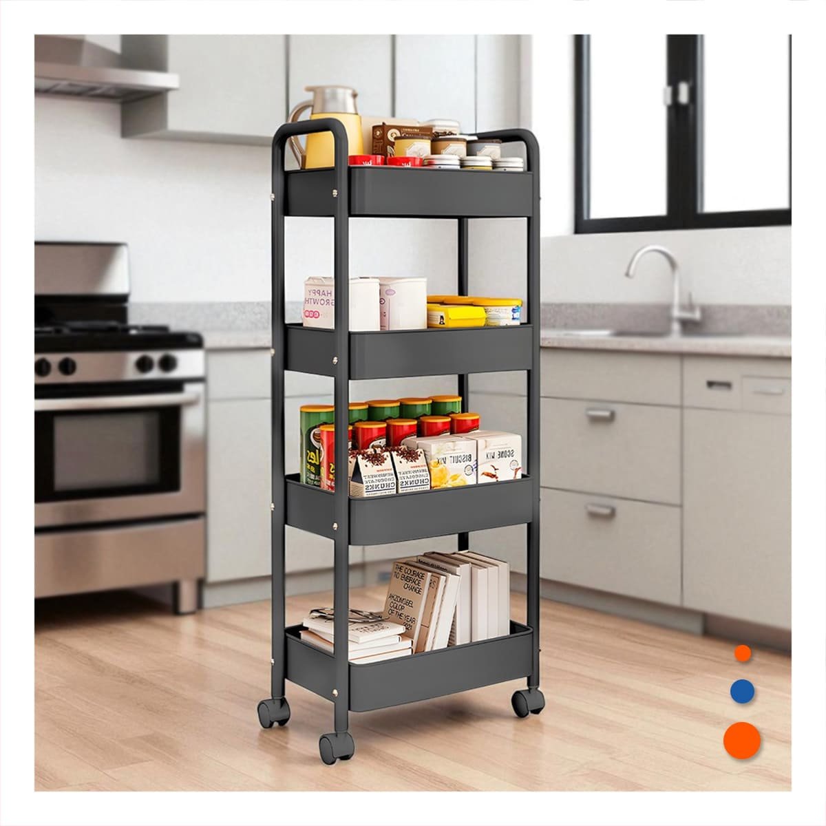 RACK MOVIL DE METAL NEGRO CON 4 NIVELES Y RUEDAS PARA ORDENAR ESPACIOS CASA Y+POST IT - 1