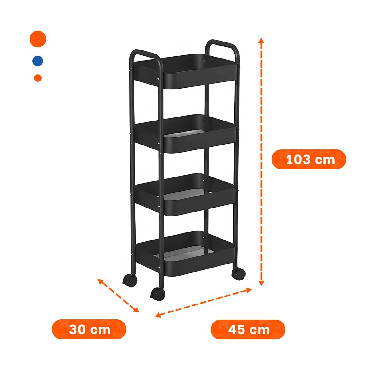 RACK MOVIL DE METAL NEGRO CON 4 NIVELES Y RUEDAS PARA ORDENAR ESPACIOS CASA Y+POST IT - 4