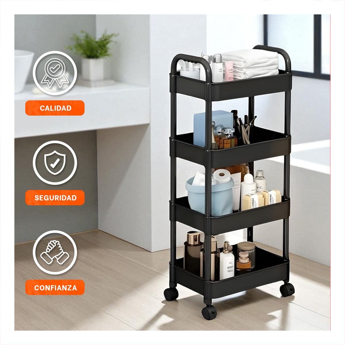 RACK MOVIL DE METAL NEGRO CON 4 NIVELES Y RUEDAS PARA ORDENAR ESPACIOS CASA Y+POST IT - 5