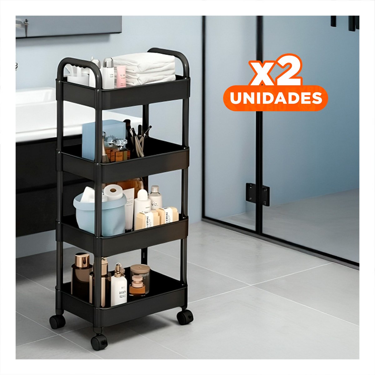 PACK2 MODULO AUXILIAR DE METAL NEGRO CON CUATRO NIVELES Y RUEDAS PARA COCINA Y+PAPEL REGALO - 1
