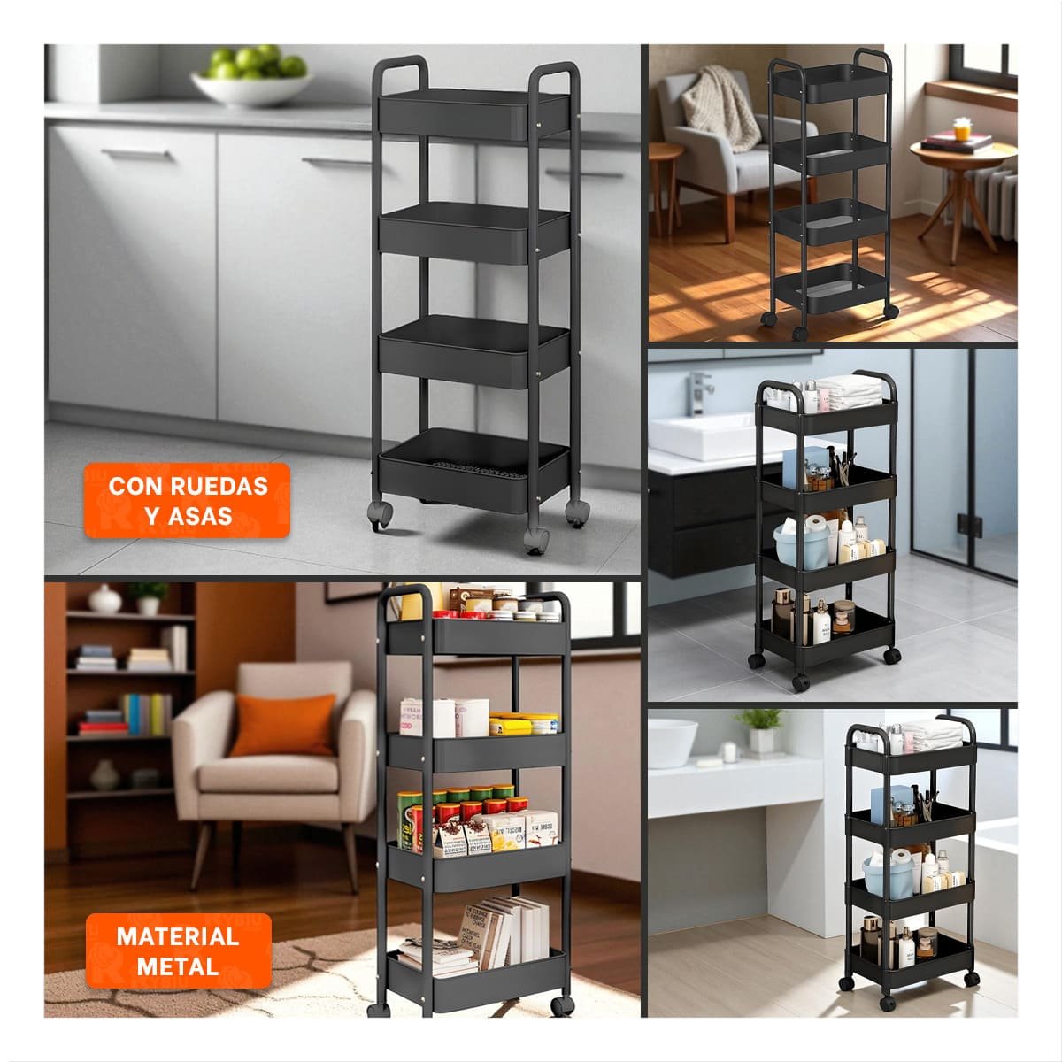 PACK2 MODULO AUXILIAR DE METAL NEGRO CON CUATRO NIVELES Y RUEDAS PARA COCINA Y+PAPEL REGALO - 3