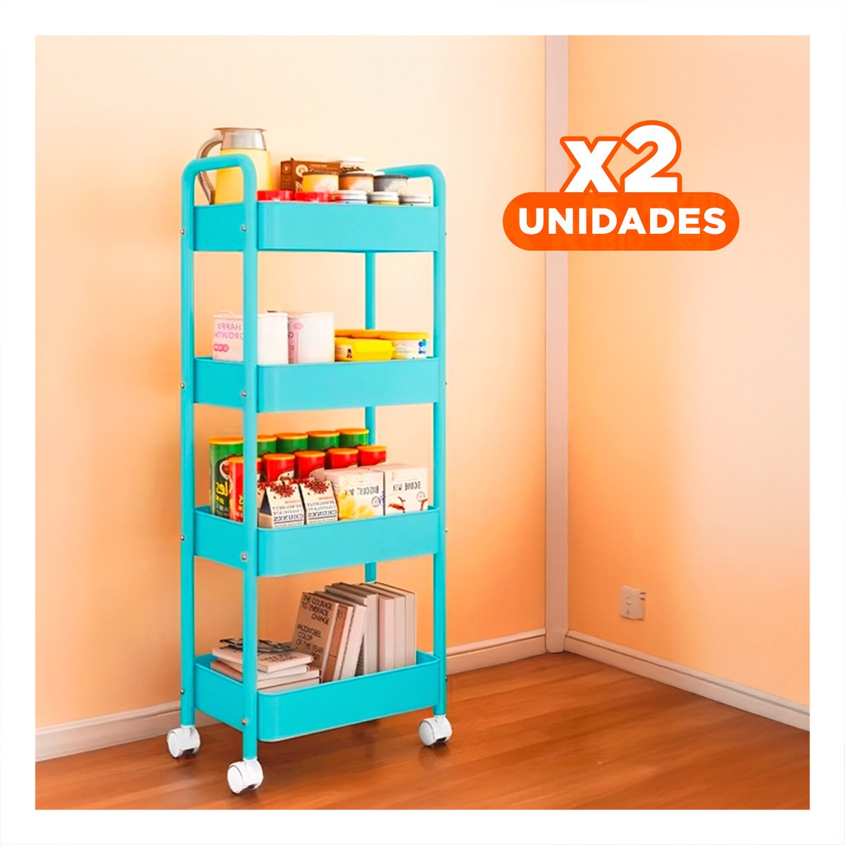 PACK2 SOPORTE MOVIL DE CUATRO NIVELES CON RUEDAS Y ASAS METAL CELESTE HOGAR Y+PAPEL REGALO - 1