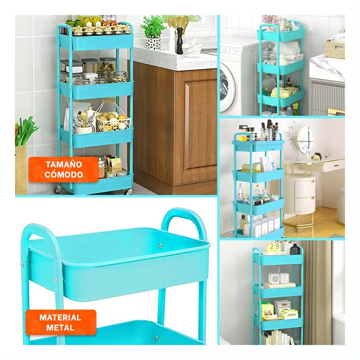 PACK2 SOPORTE MOVIL DE CUATRO NIVELES CON RUEDAS Y ASAS METAL CELESTE HOGAR Y+PAPEL REGALO - 3