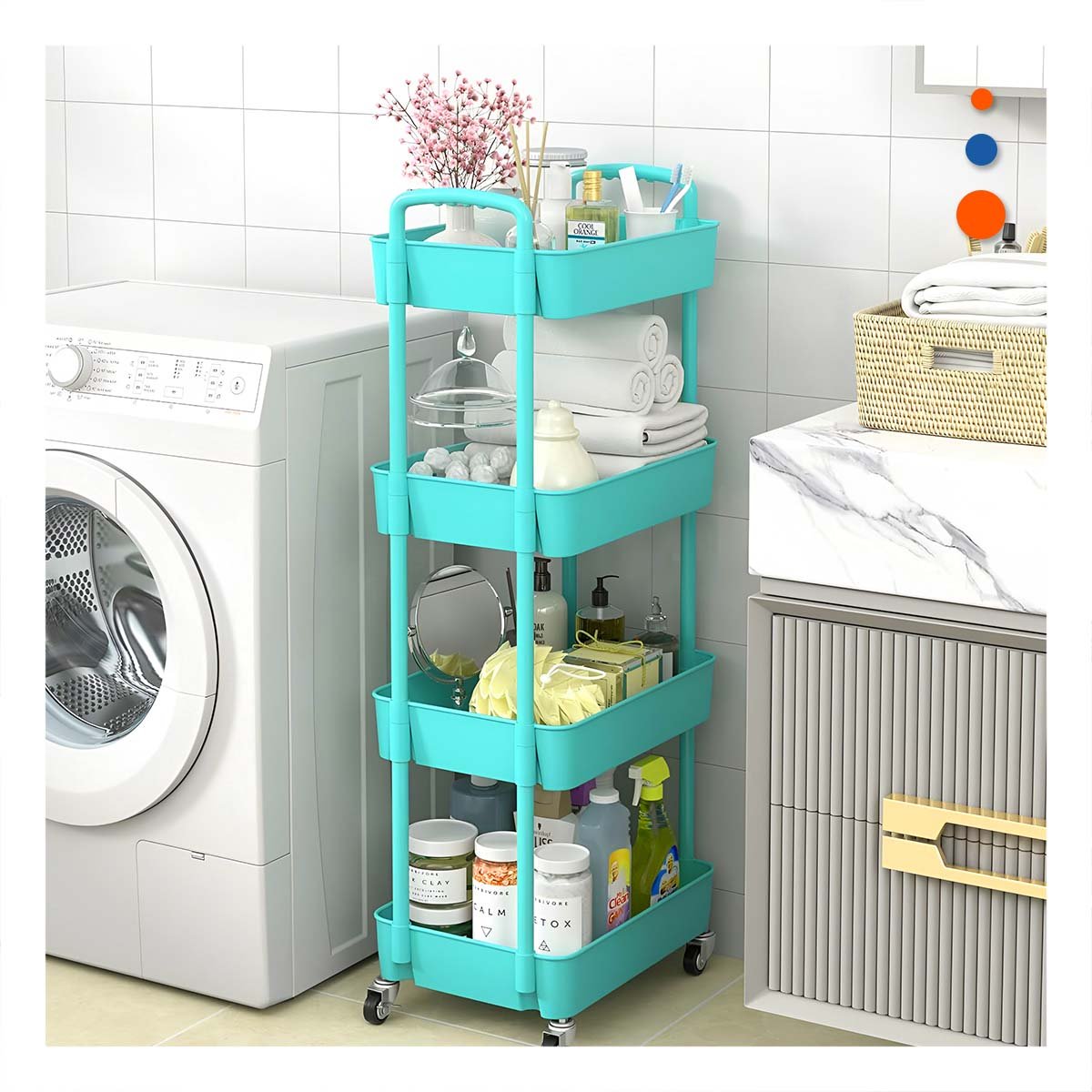 PACK2 SOPORTE MOVIL DE CUATRO NIVELES CON RUEDAS Y ASAS METAL CELESTE HOGAR Y+PAPEL REGALO - 5