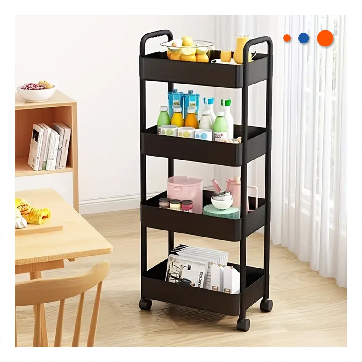 ORGANIZADOR MOVIL 4 NIVELES CON RUEDAS Y ASAS DE PLASTICO NEGRO PARA HOGAR Y+REGALO STICKER - 2